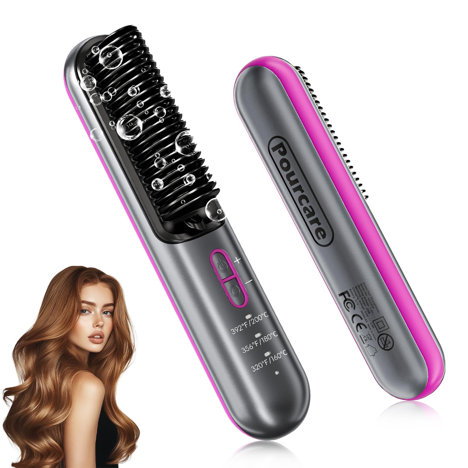 Cordless Hair Straightener Brush, Portable Travel Mini Hot Comb 3 Temps Settings 320°F to 392°F 20s Fast Heating 5000 mAh Rechargeable Battery,Negative Ionic for Smooth Frizz-Free Hair,Gift for Women