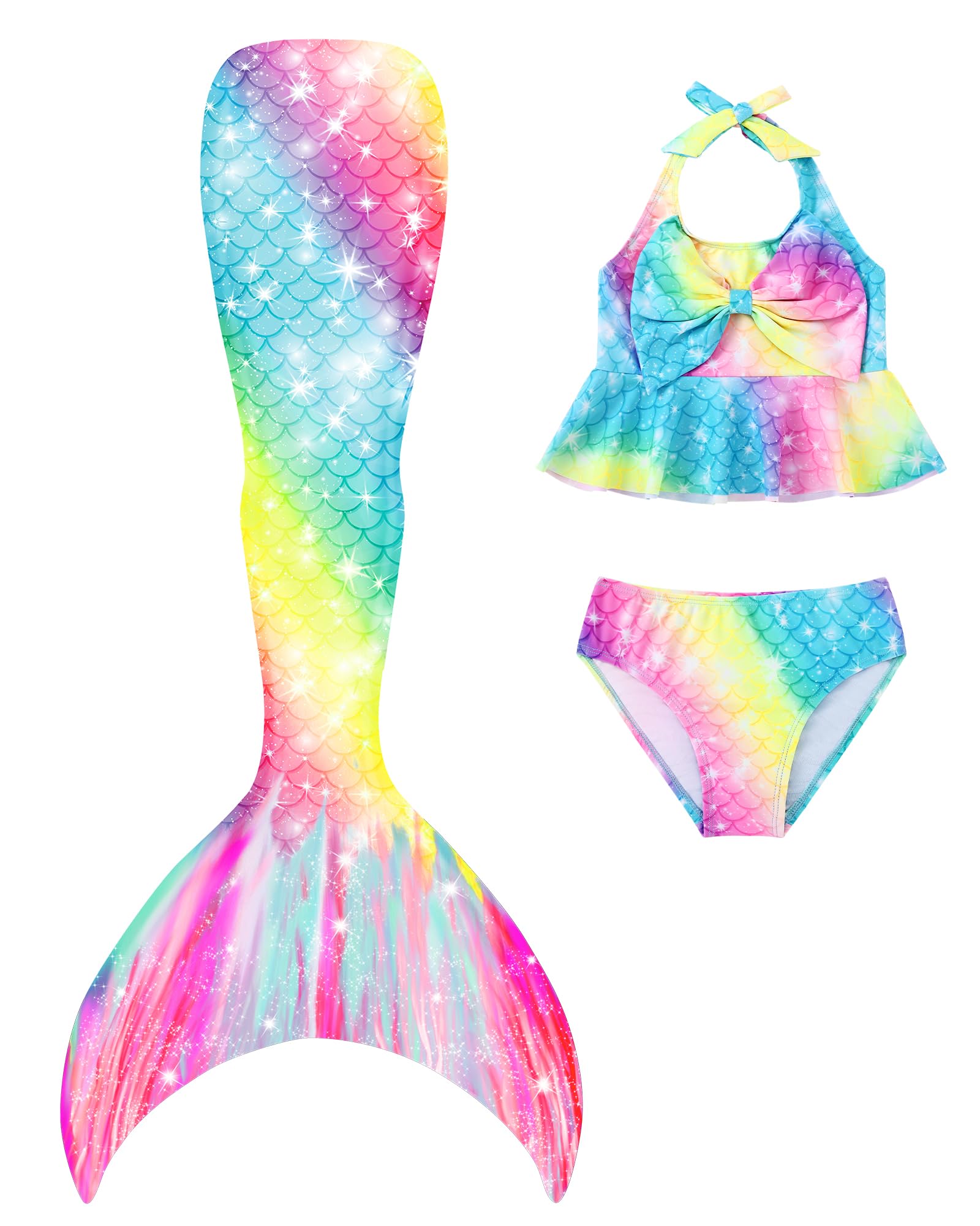 Mädchen Badeanzug Meerjungfrau 3PCS Prinzessin Badeanzug Tankini für Kinder Schleife Rüschen Neckholder Bademode