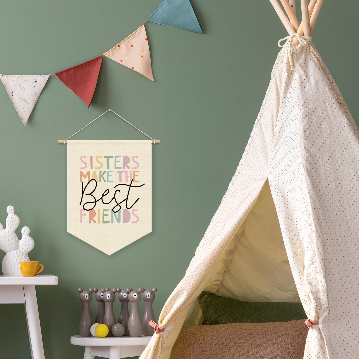 XYDEG Girls Room Decor Pink Nursery Decor Canvas Banner,Sisters Make The Best Friends Cute Boho Girls Bedroom Playroom Toddler Kids Space Decorations, Baby Girl Room Wall Hanging Pennant Flag Banner