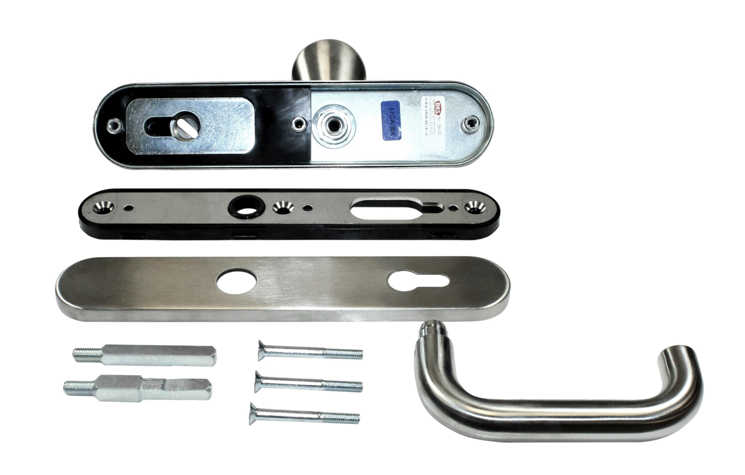 SN-TEC BKS Haustür Edelstahl Schutzbeschlag mit Ziehschutz ES1, Langschild mit gekröpften Rundknauf, DIN L/R, TS 35-50mm, 8 und 10mm