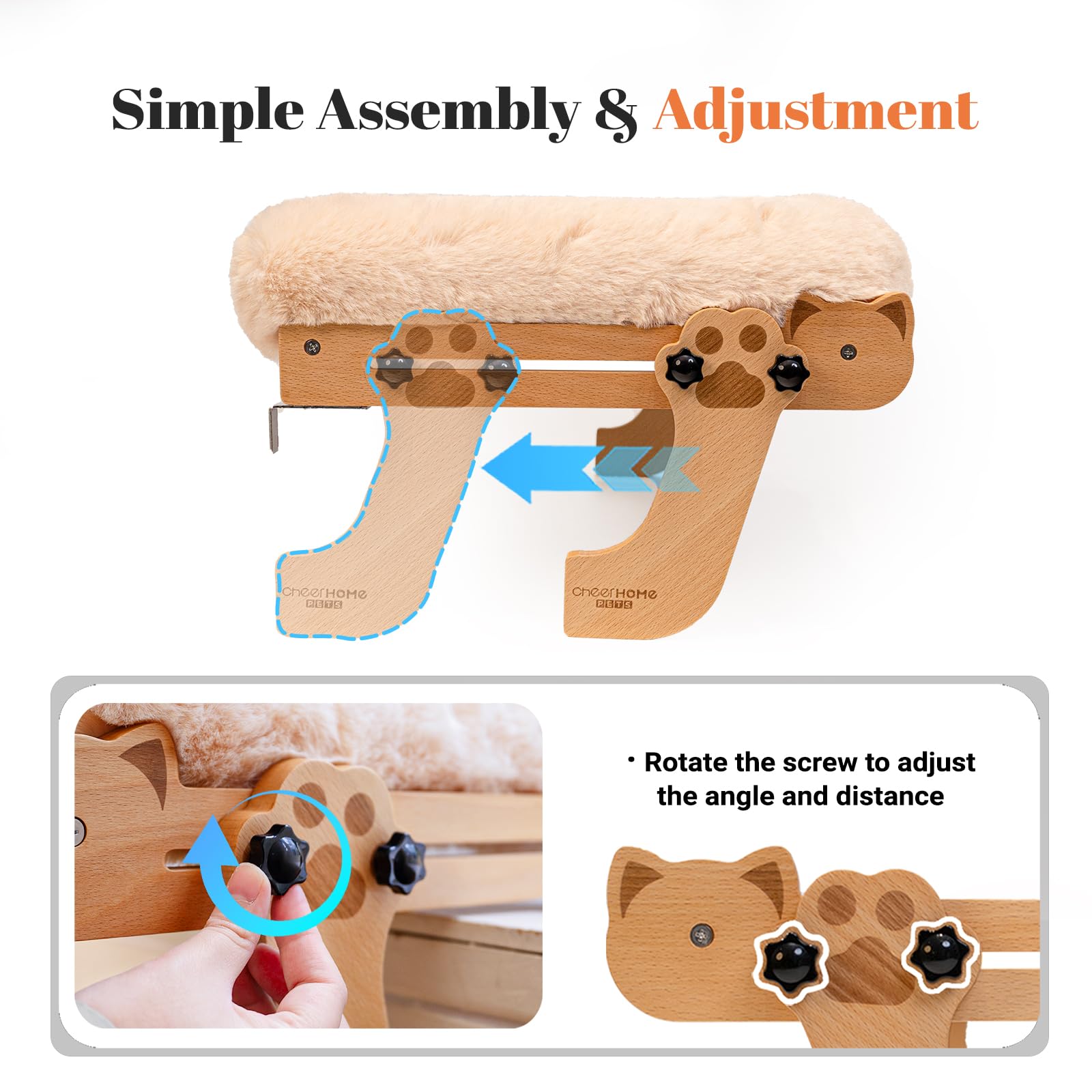 CHEERHOME PETS Percha de ventana para gatos con refuerzo, cama para gatos grandes, hamaca para ventana, asiento de madera ajustable para alféizar de la ventana de la mesita de noche (blanco roto)