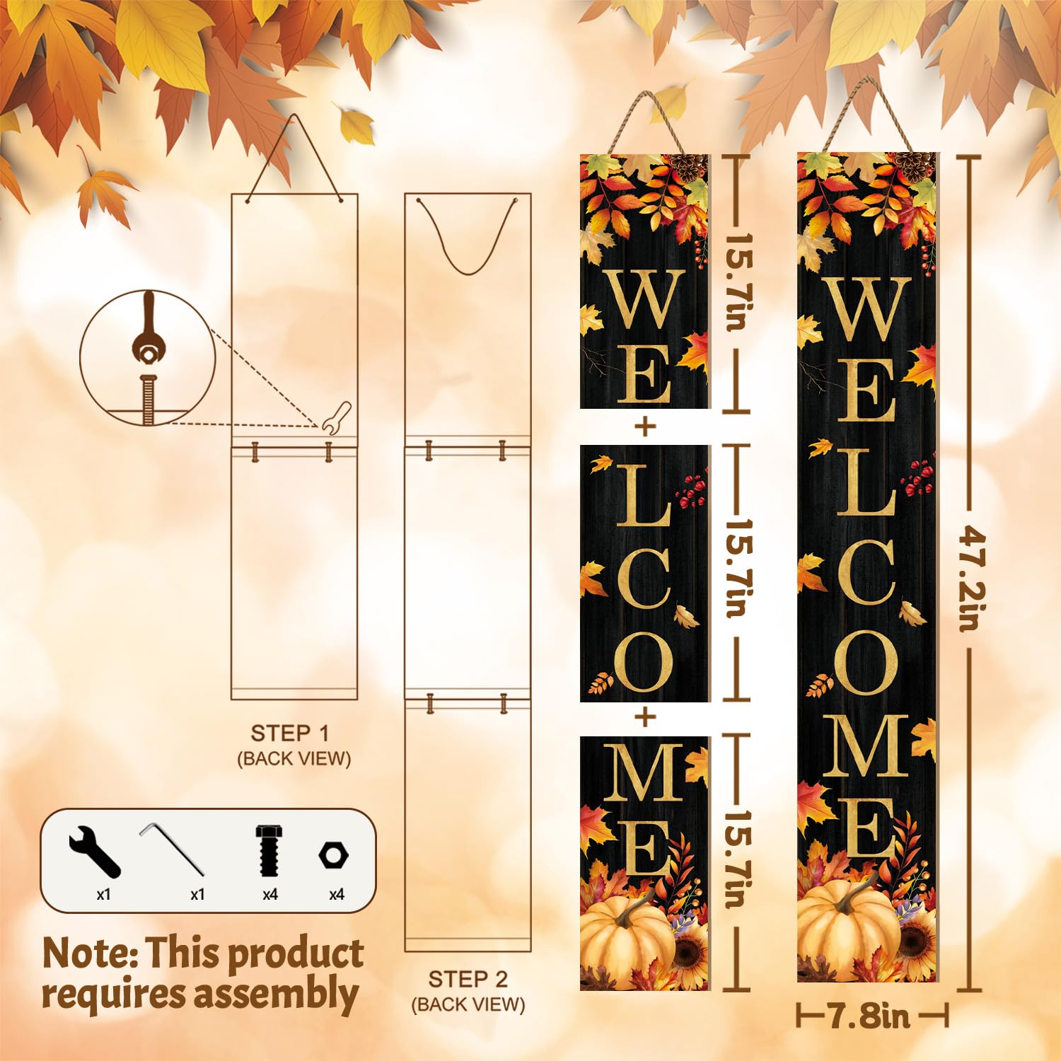 Cartello per portico di benvenuto autunnale, cartelli in acero per portico anteriore, zucca dorata, cartello verticale in legno in piedi per patio porta d'ingresso, portici autunnali, vacanze, casa
