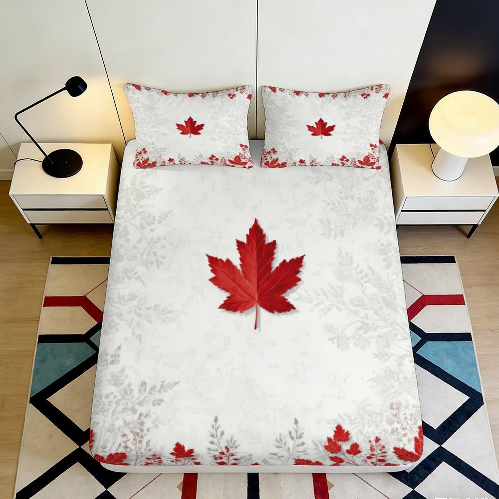 3D Printed Red Maple Leaf Fitted Sheet Microfiber Soft Breathable Autumn Leaves Bed Cover for Bedroom Dormitory Guest Room Mattress Protection 160x200x25cm