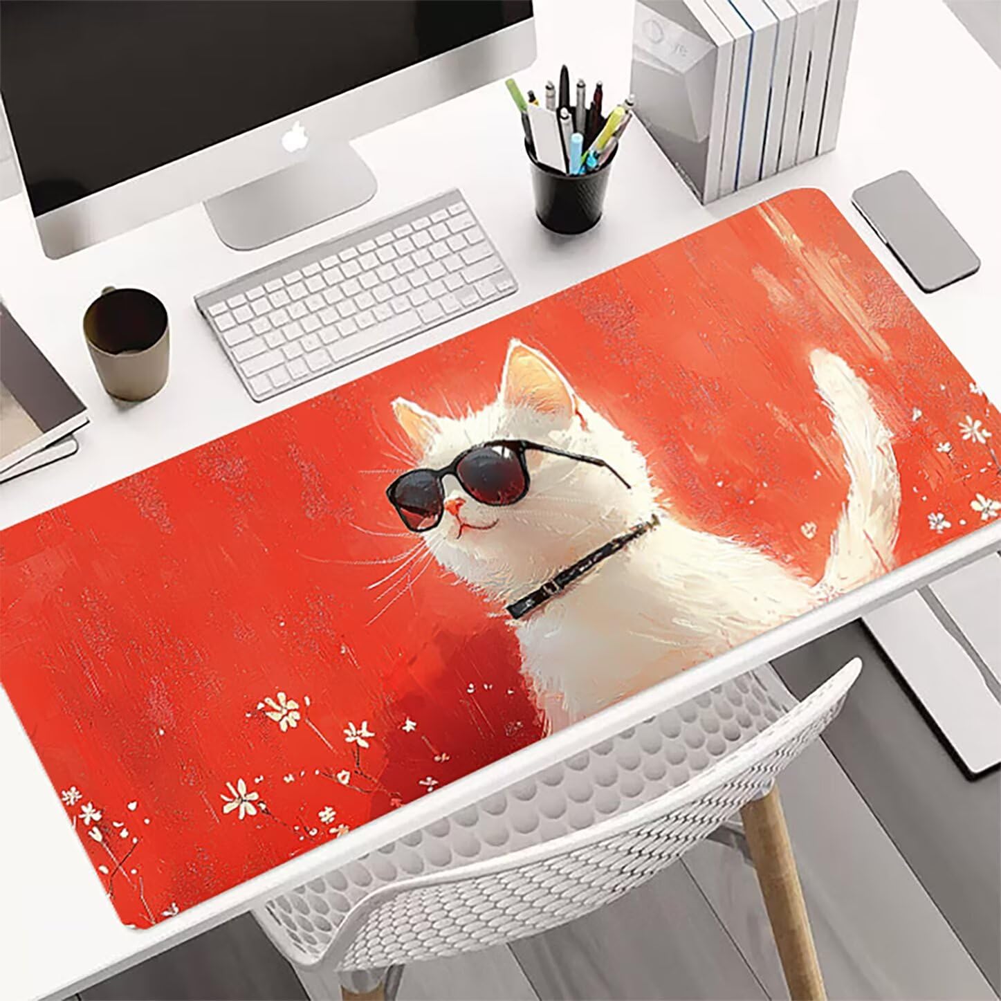 Lpfieonn Katze Schreibtischunterlage XXL, Rot Schreibtischunterlagen Großes, Gaming Mousepad XXL mit ernähter Rand und Rutschfeste Gummibasis, Wasserdicht Desk Mat für PC/Laptop/Mausa 120x60cm PF-2936