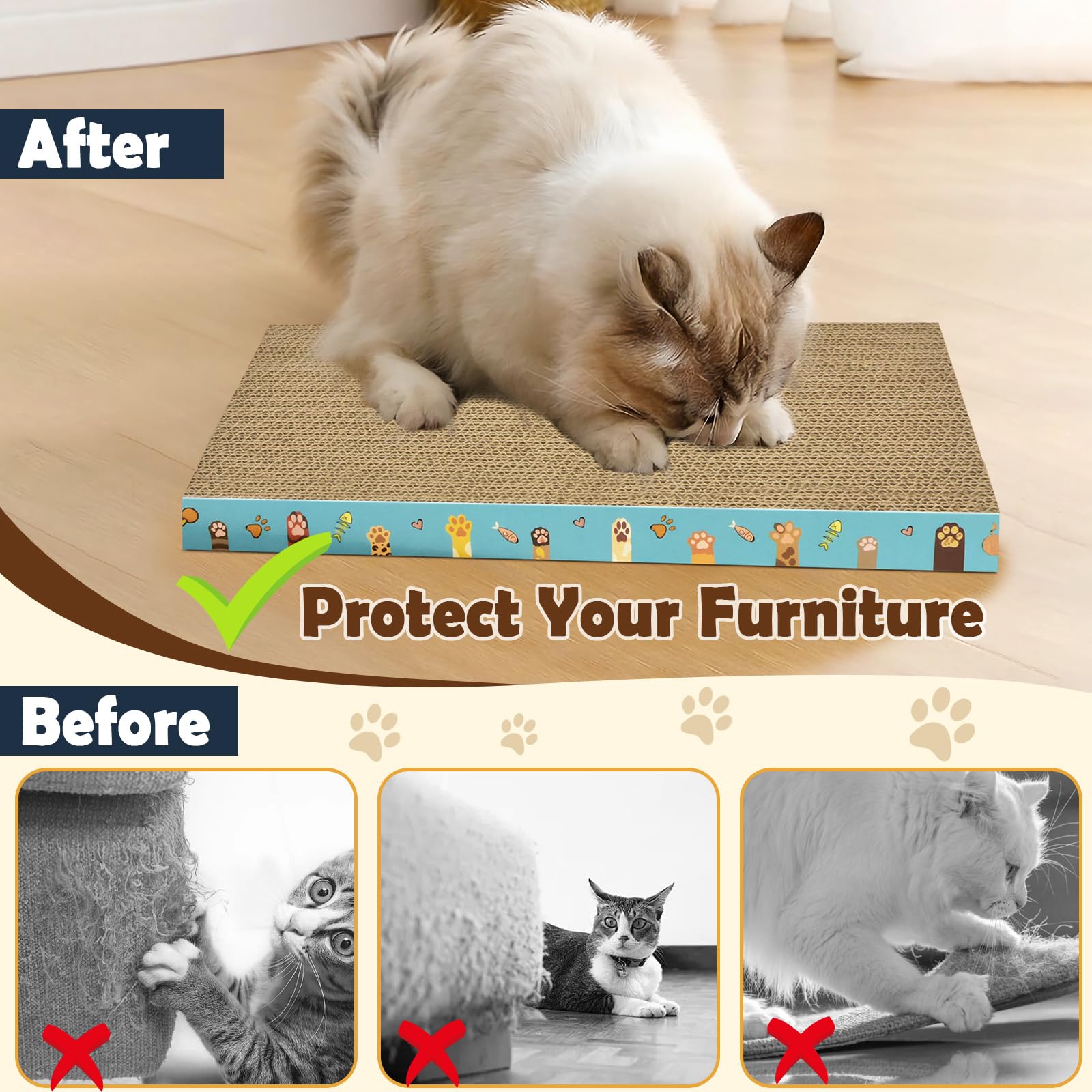 Rascador de cartón para gatos, paquete de 3 almohadillas reversibles para rascar gatos duraderos para gatos de interior para proteger los muebles (patas de gato)