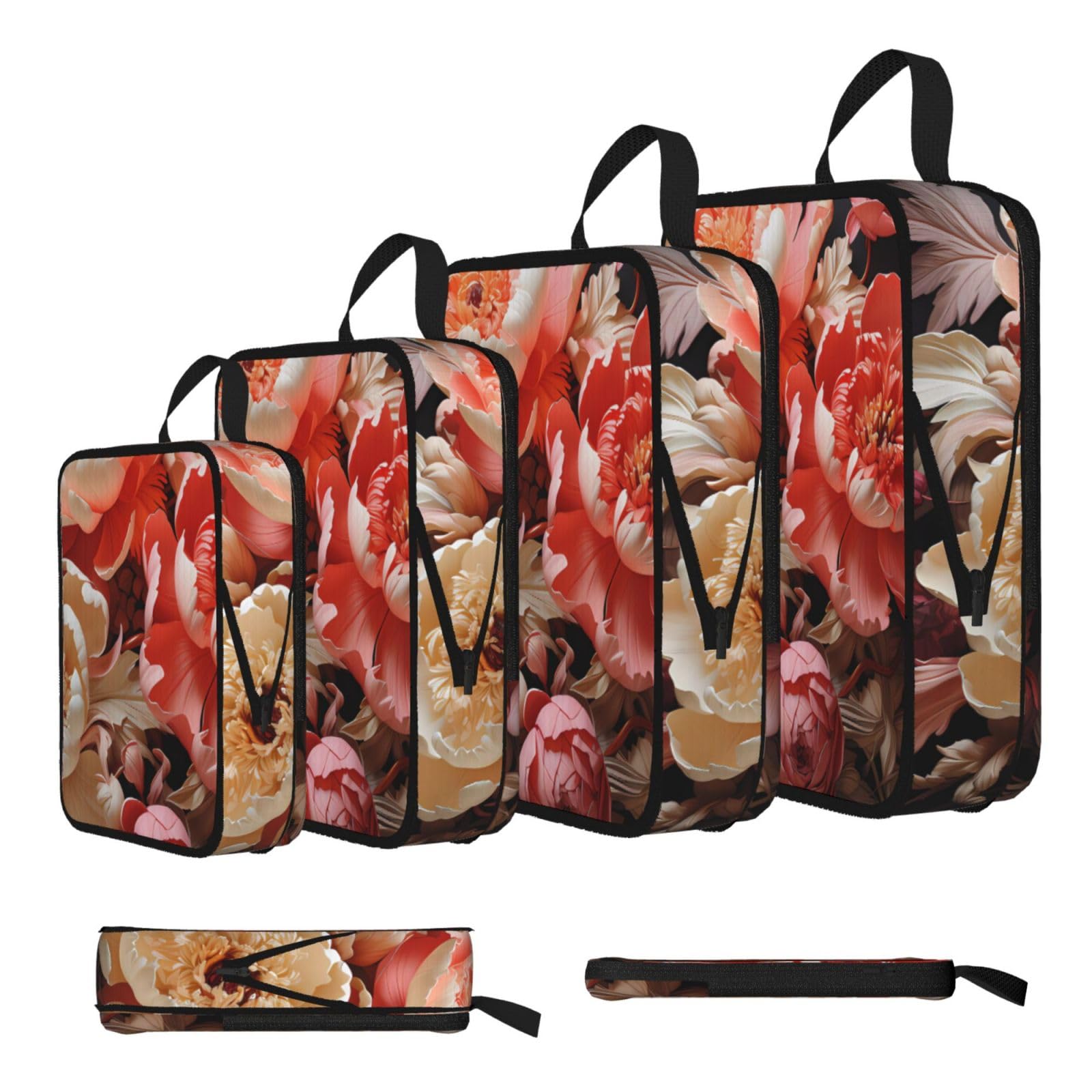 Sxzvvbn Black Brightly Colored Peonies Compression Packing Cubes 4 Piece Set
