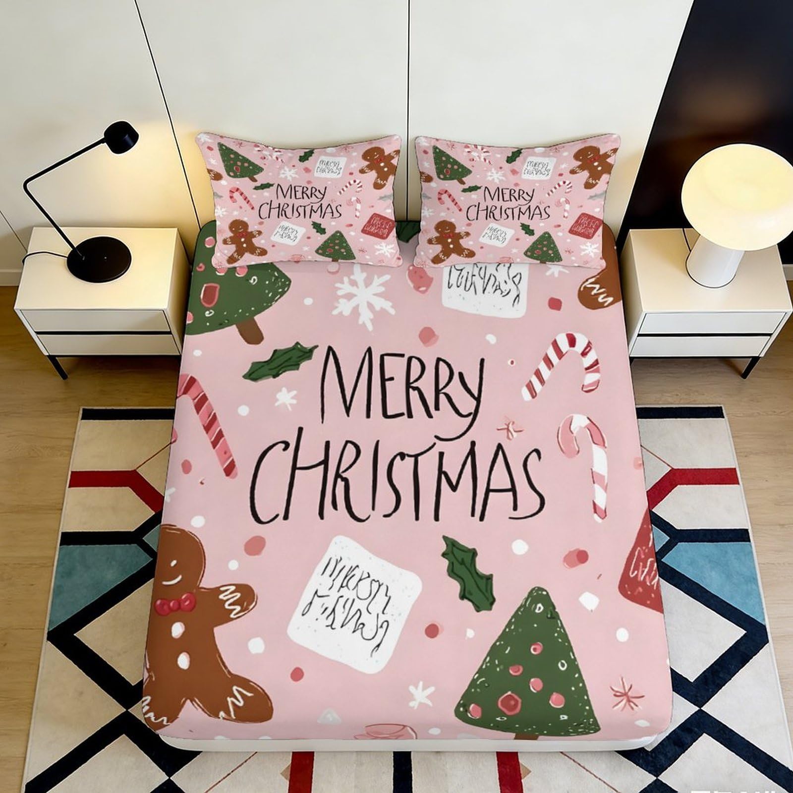 3D Printed Christmas Candy Fitted Sheet Microfiber Pink Gingerbread Bed Cover for Bedroom Guest Dorm Mattress Protection 140x200x25cm