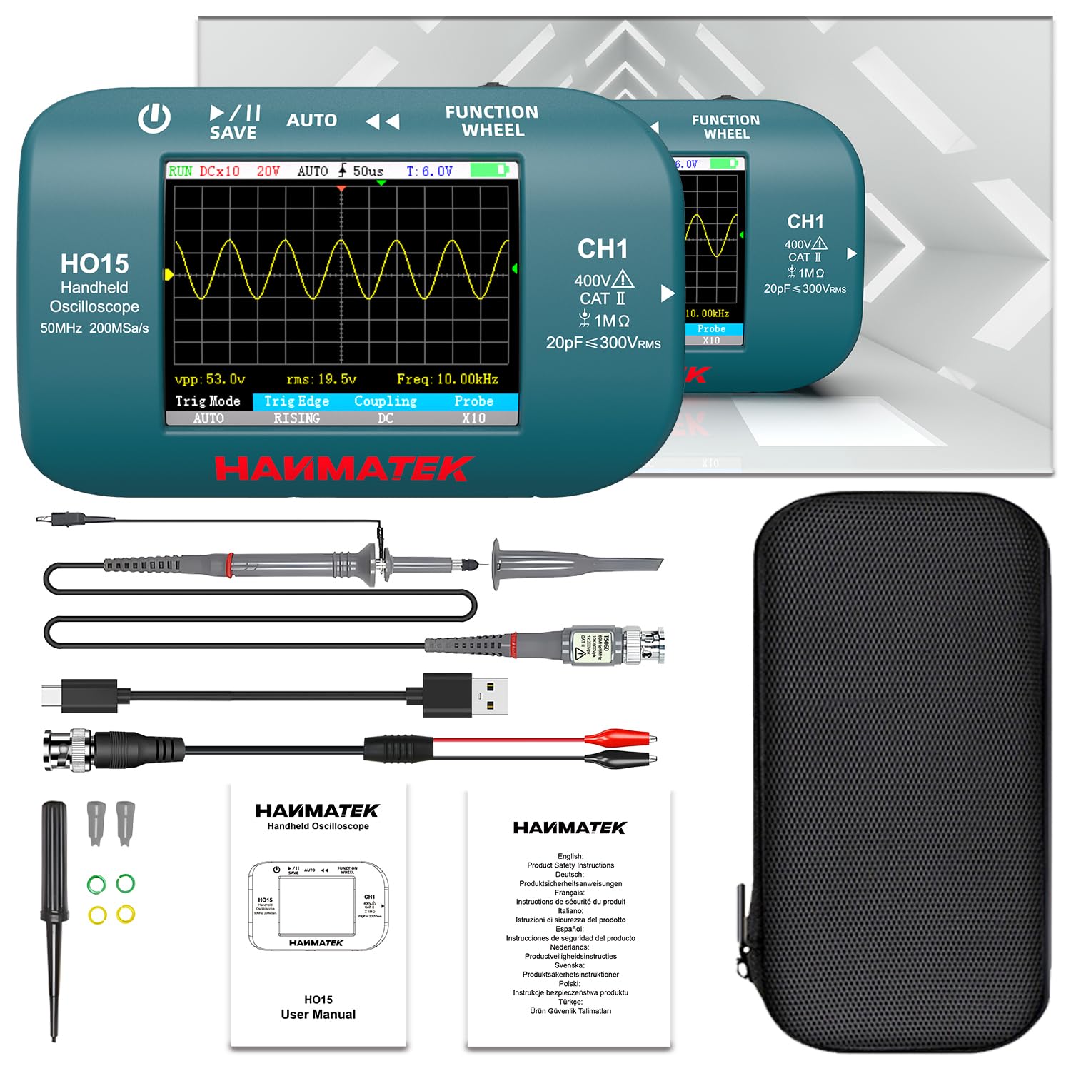 HANMATEK Oscilloscopio Digitale, Mini Oscilloscopio Portatile 50MHz 200MSa/s, 2 in 1 con Sorgente di Segnale, 2,8" TFT, Ricaricabile USB-C, HO15