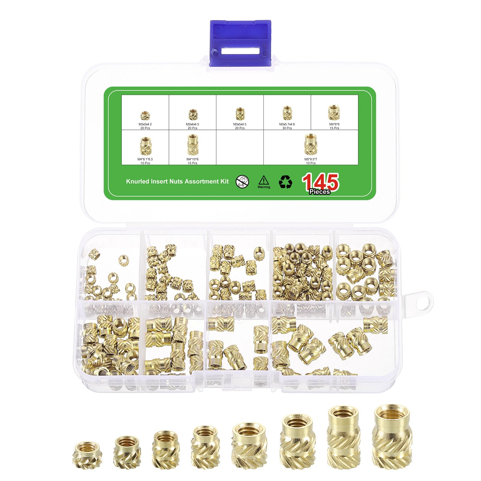 uxcell 145Pcs M3 M4 M5 Knurled Insert Nuts, Brass Knurled Threaded Embedment Nuts 3D Printing Brass Nuts for 3D Printing Parts Laptop Automotive