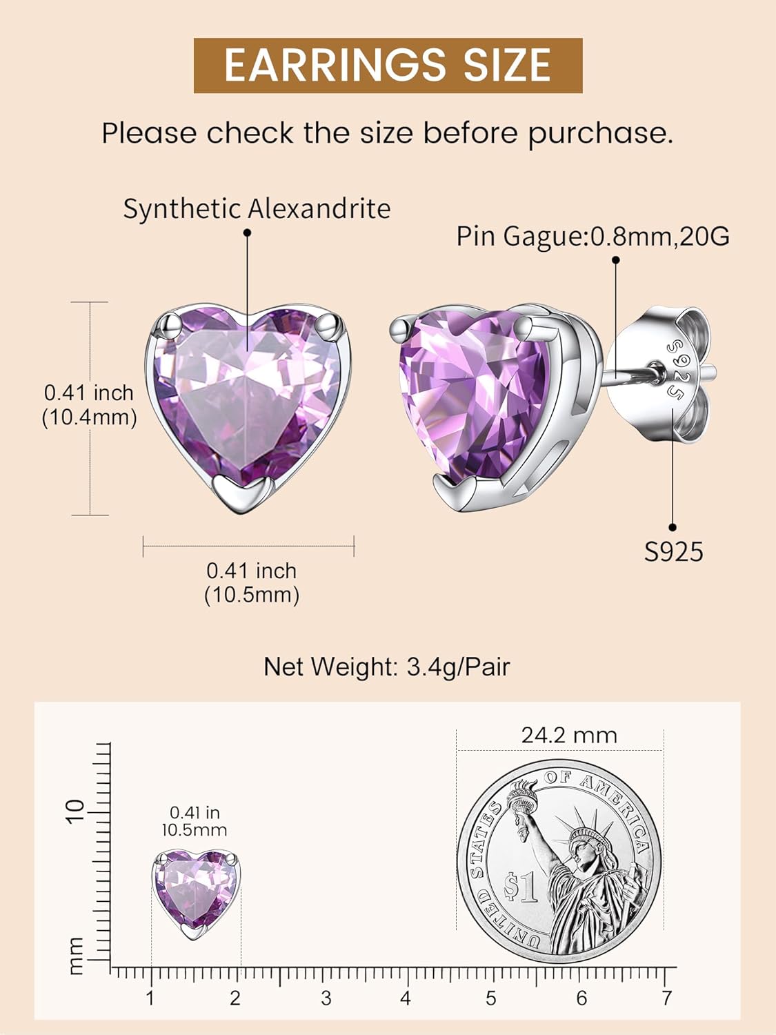KeyStyle Birthstone Earrings for Women,Hypoallergenic Round/Heart Stud Earrings with 925 Sterling Silver Posts & Push Backs,Small Dainty 8mm CZ Stud Earrings, Silver Birthday Jewelry - Image 4