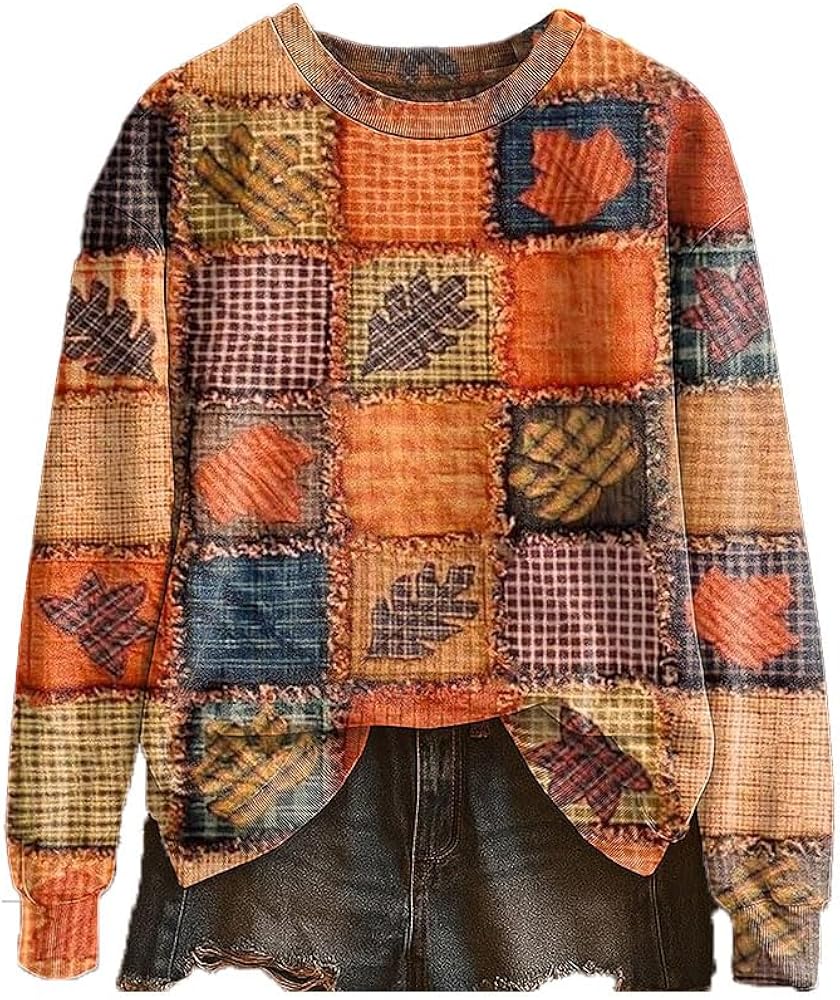 Amazon.com: Fall Patchwork Autumn Maple Leaf Pumpkin Shirt Long