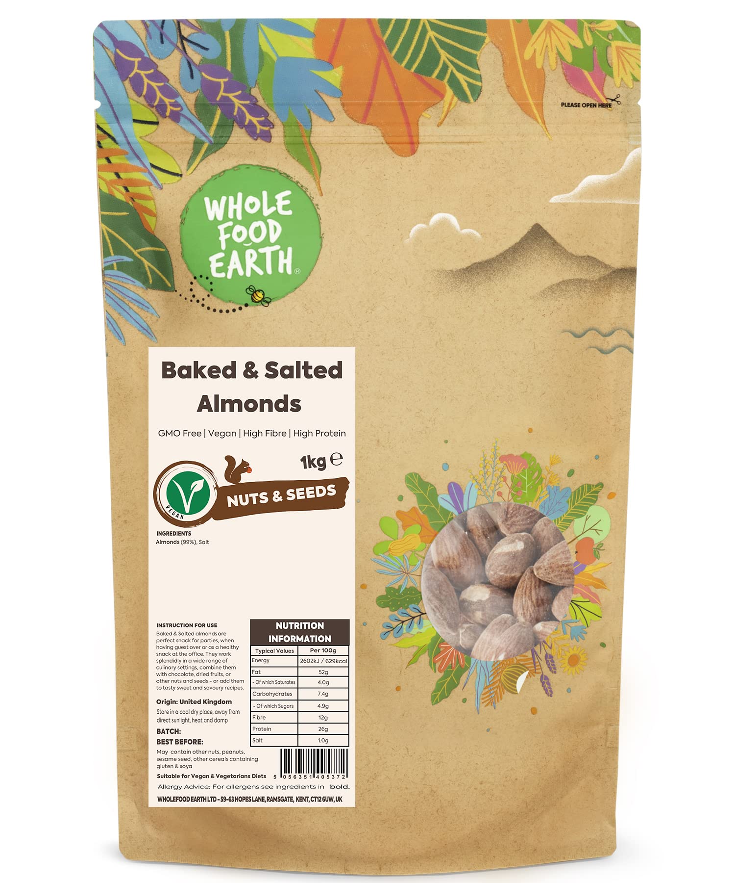 Wholefood Earth Roasted and Salted Almonds 1 kg | GMO Free | High Fibre | High Protein