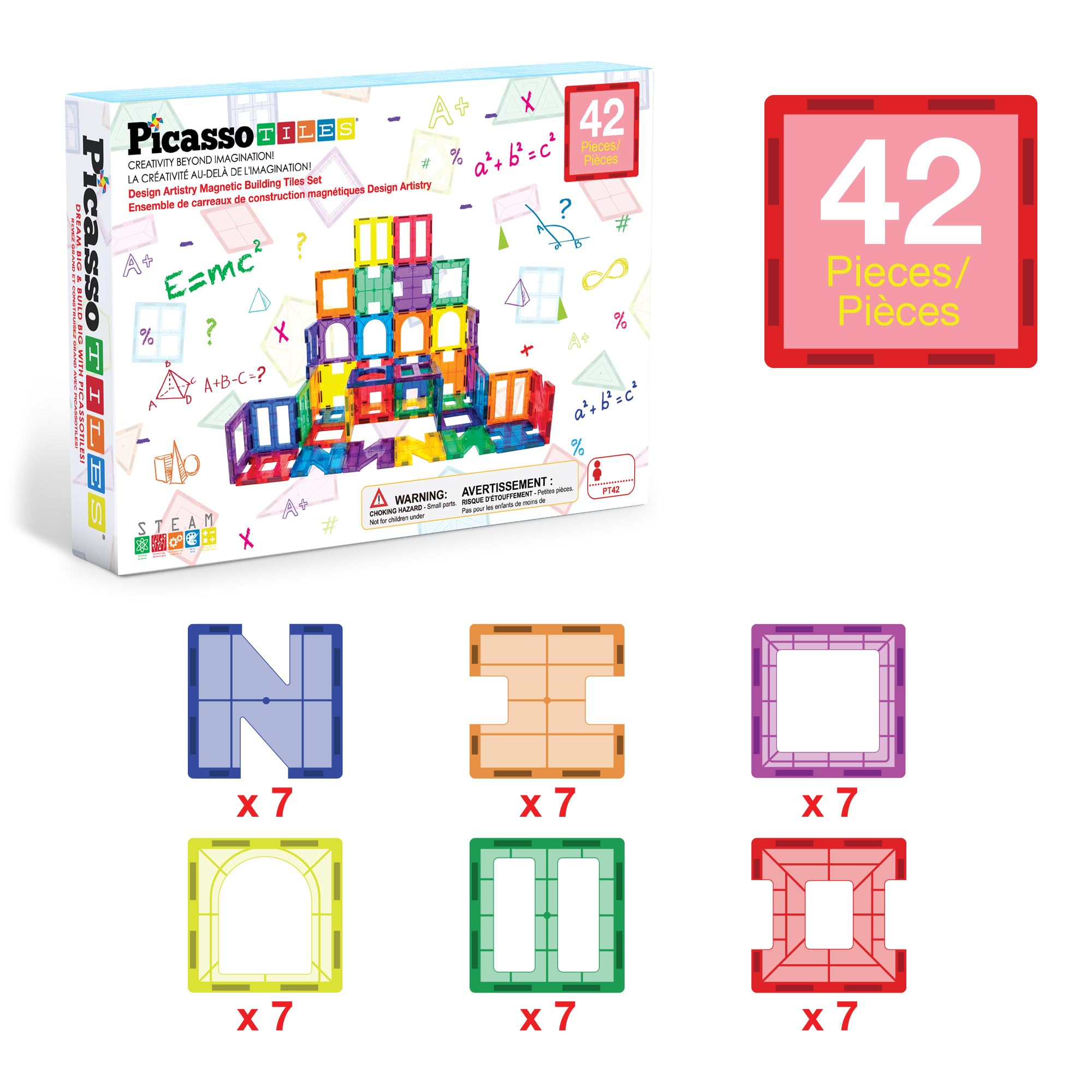 PicassoTiles PT42 Designer Artistry Kit 42pcs Set Magnet Building Tiles Clear Color Magnetic 3D Building Block - Creativity Beyond Imagination! Educational, Inspirational, Conventional, Recreational