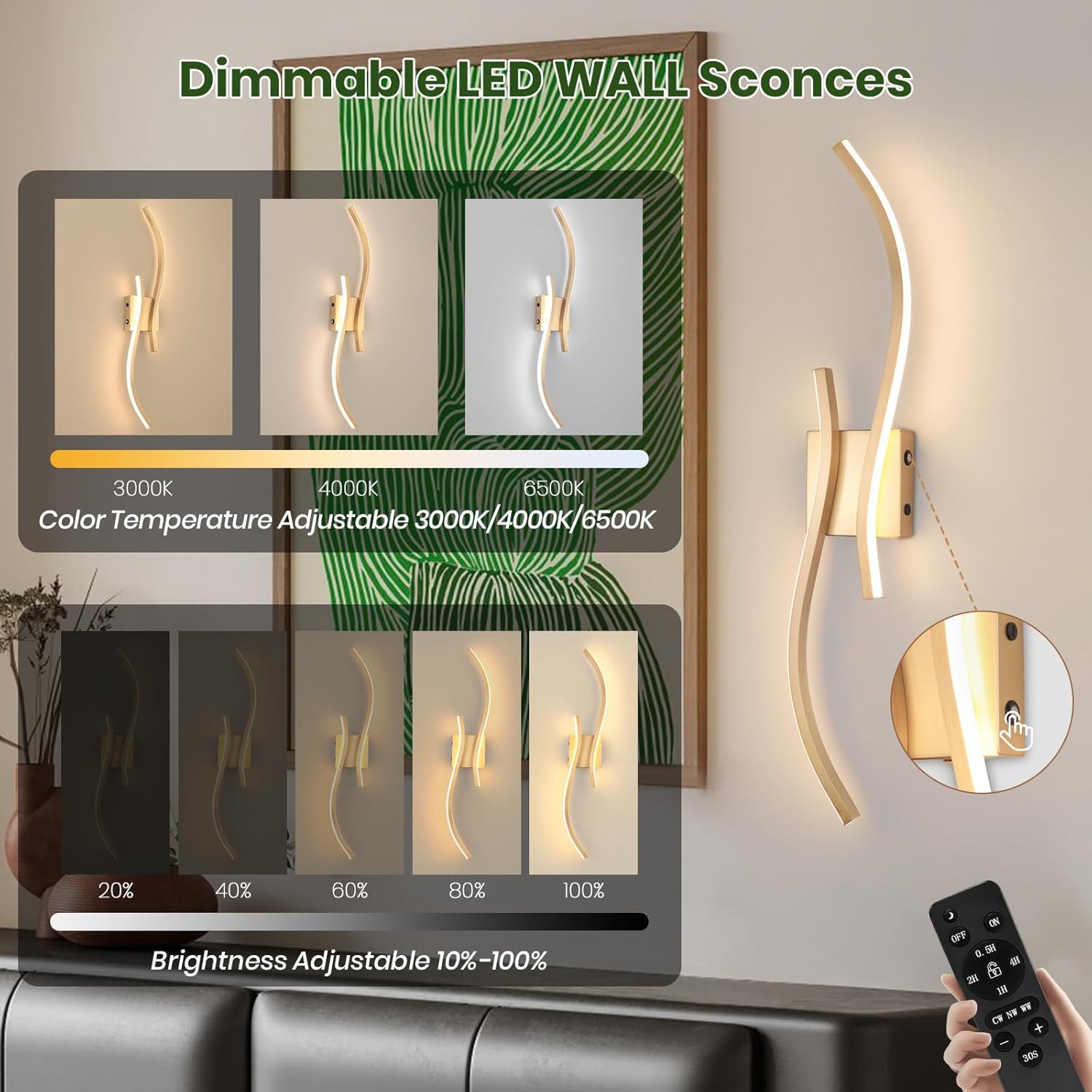 CANEOE Battery Operated Wall Sconces with Remote Control,10000mAh USB Rechargeable Gold Wall Light,3000K-6000K LED Wireless Wall Lamp for Bedroom,Hallway,Background Wall,31.5inch,1 Pack