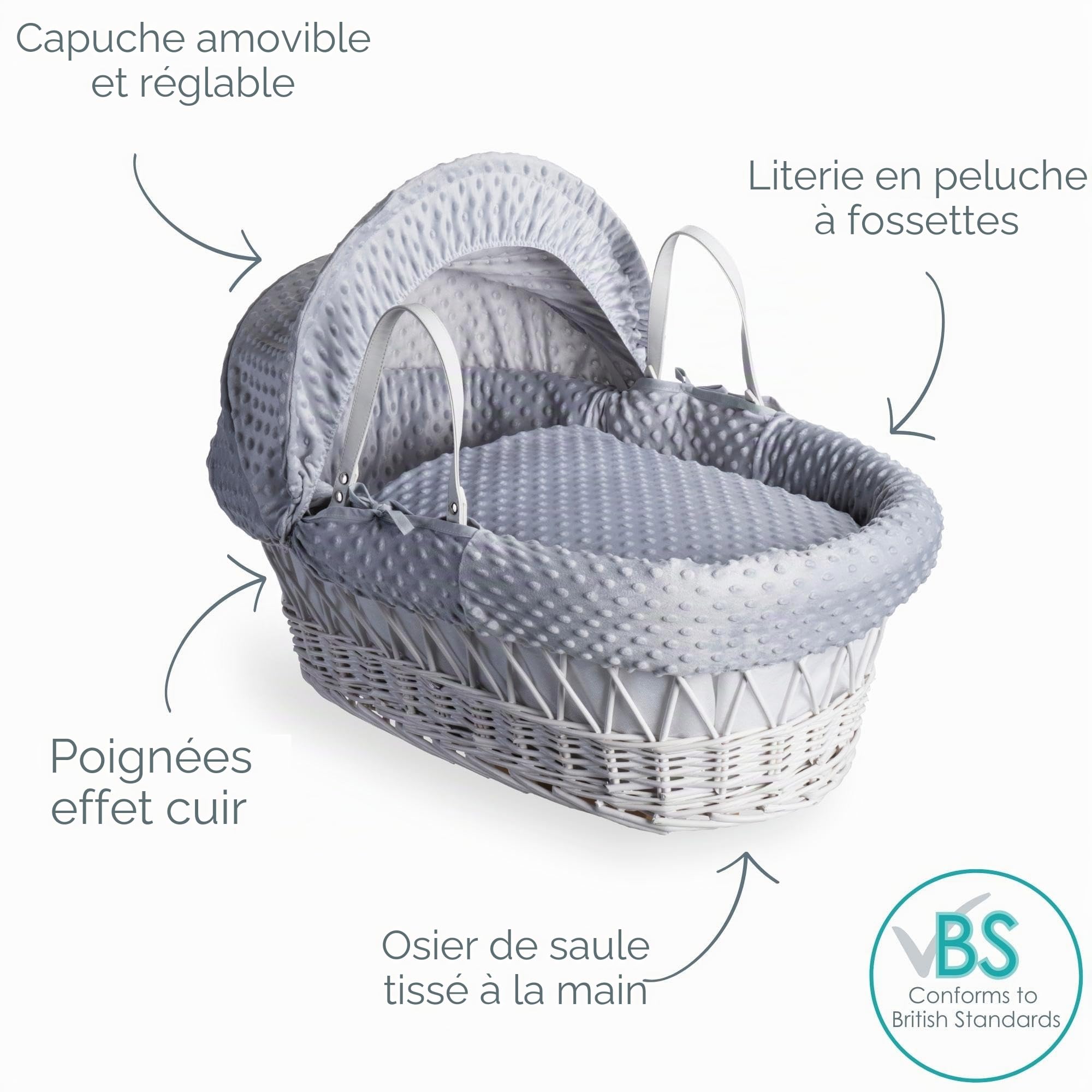 Clair de Lune Dimple Couffin en osier blanc avec literie 68 x 30 cm (gris)