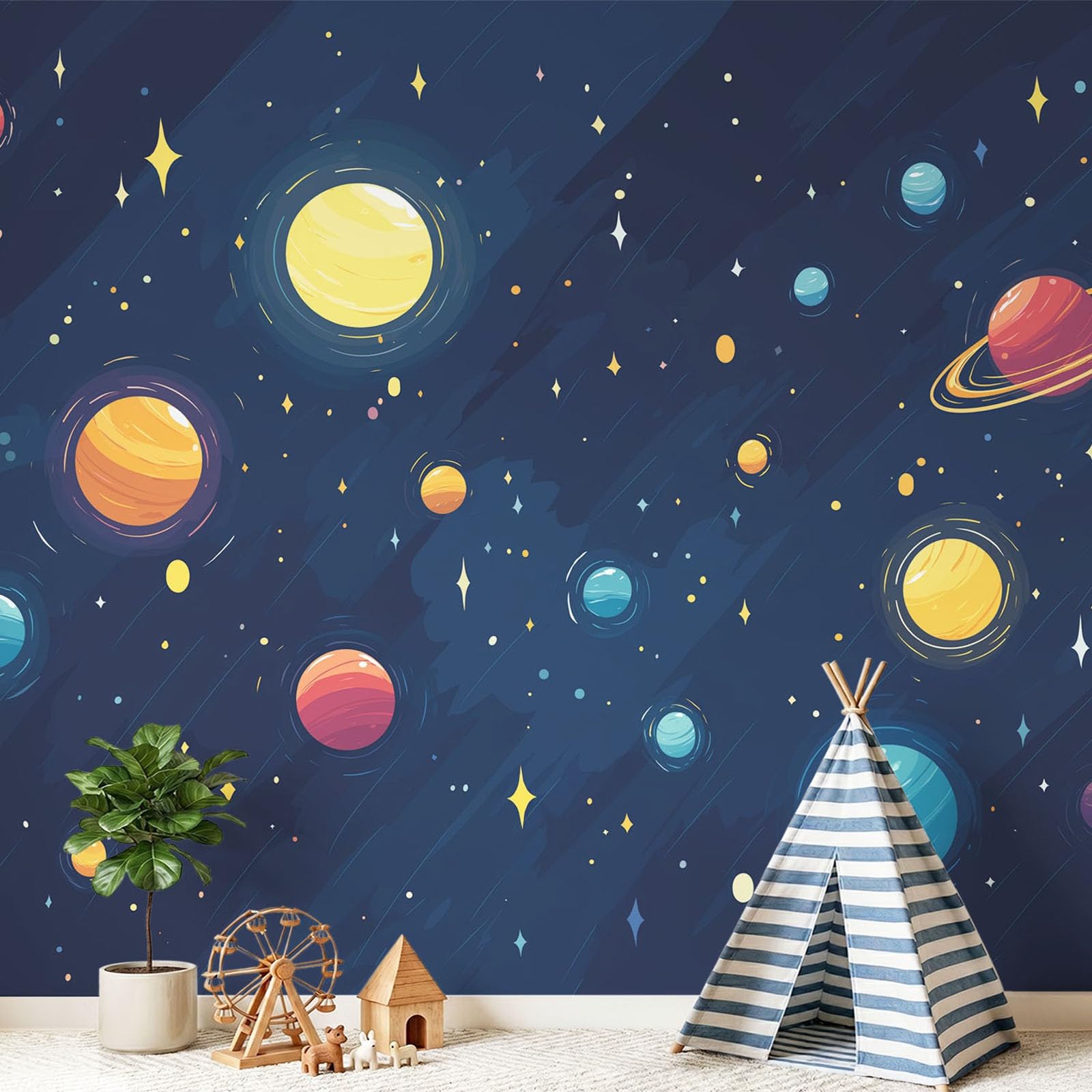 Générique Panoramiczna tapeta z niebieskim rysunkiem w gwiazdki o północy dziecka 300 x 210 cm (szer. x wys.) gigantyczny plakat ścienny, dekoracja ścienna premium, do salonu, pokoju dziecięcego i