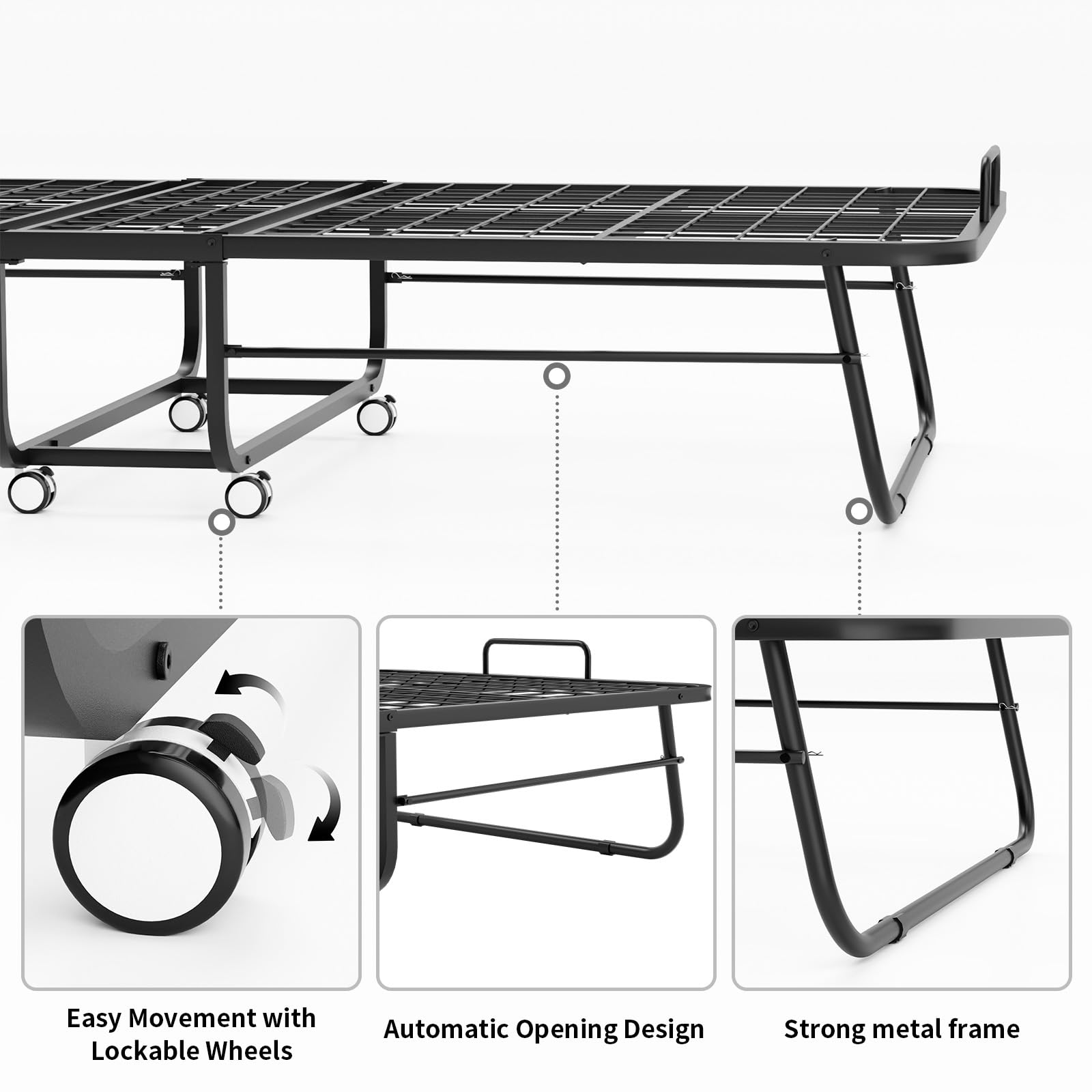 Lit pliant 90 x 200 cm pour adulte avec matelas d'environ 13 cm en mousse à mémoire de forme, lit d'invité pliable, cadre en métal, lit pliant avec roulettes, lit de voyage pliable en métal