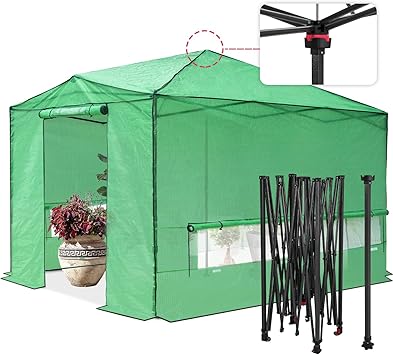 EAGLE PEAK 12x8 Portable Walk in Greenhouse, Pop Up Indoor Outdoor Greenhouse, Green House Kit with Zippered Roll-Up Doors, Windows + Support Pole, PE Cover, Clear/Green