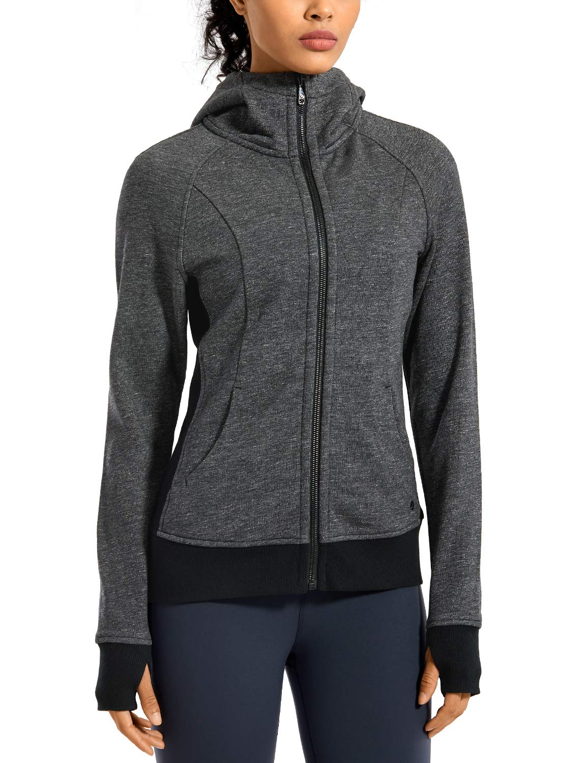 CRZ YOGA Women's Cotton Hoodies Full Zip Running Track Jacket Sweatshirt with Thumbholes