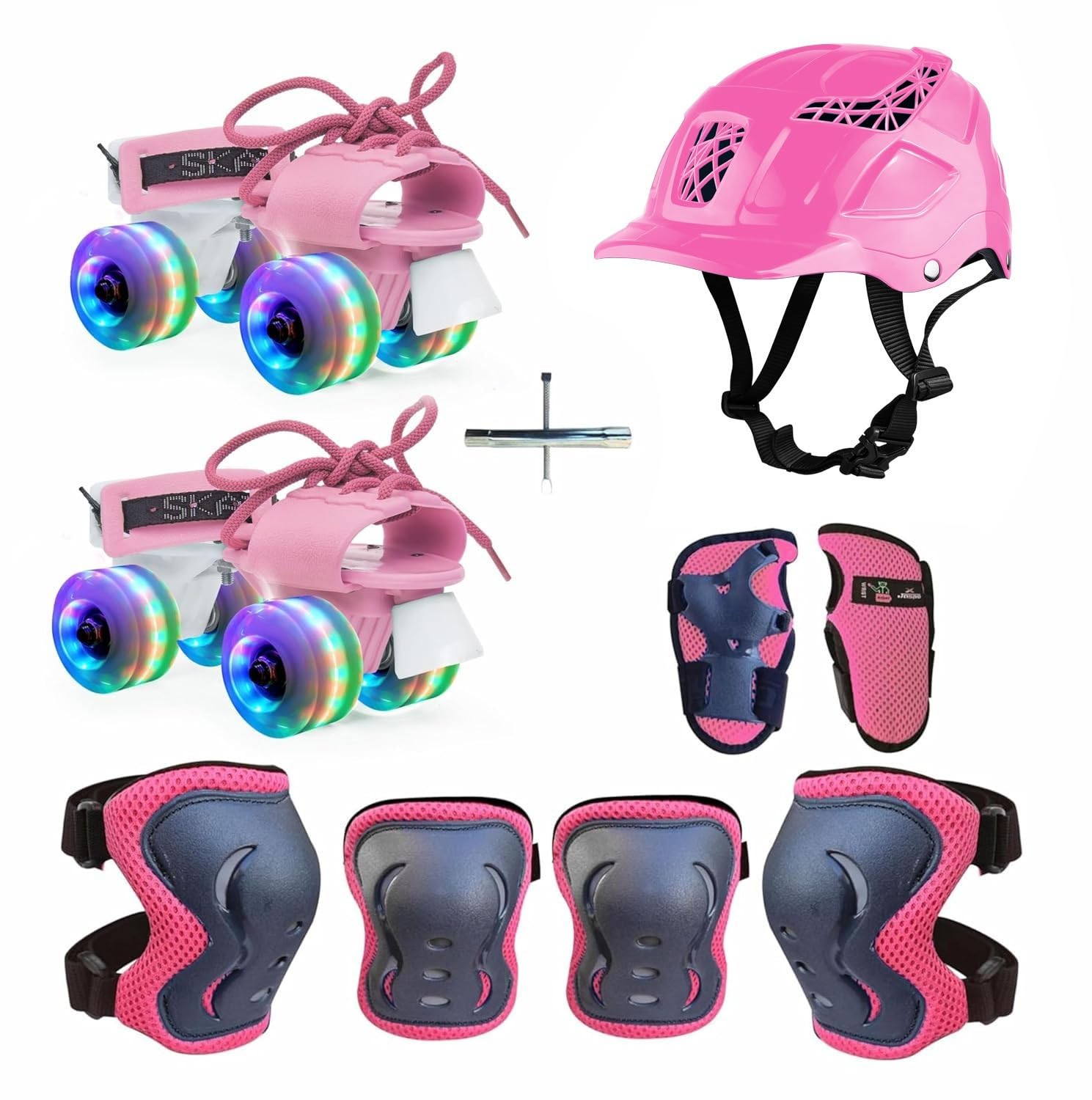 jaspo Marshall Illumi Premium Skating Kit Adjustable Quad Roller Skates For Kids 8-14 Years With Led Pu Wheels And Superior Protective Gear Combo, (Pinkroller Skating)-image-9