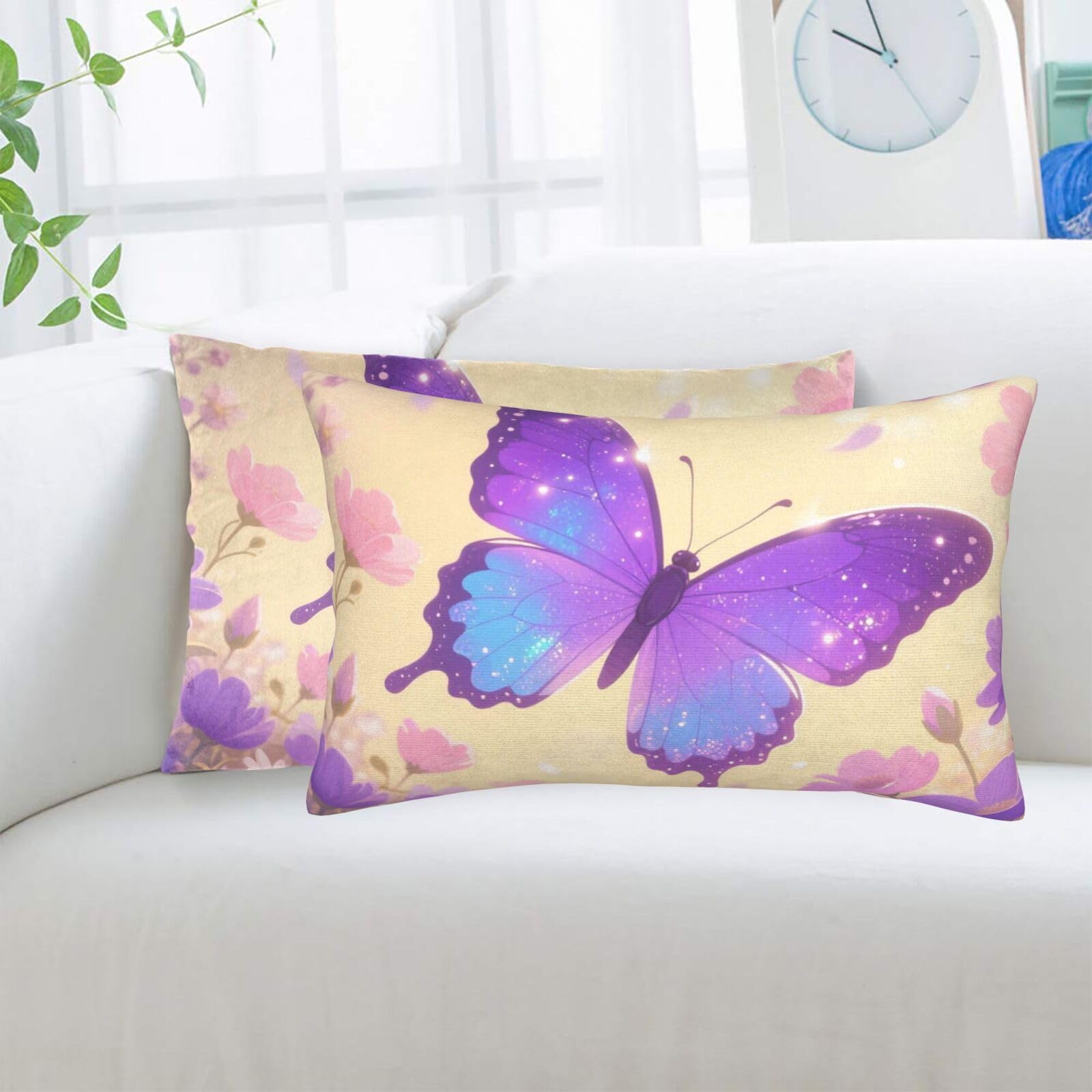 2 Pack Standard Pillowcases Sets, Ultra Soft Comfort Microfiber Plush Pillow Cases Glitter Butterfly Purple Decorative Throw Pillow Cover with Hidden Zipper for Bedroom, Sofa, Couch,16"X24"