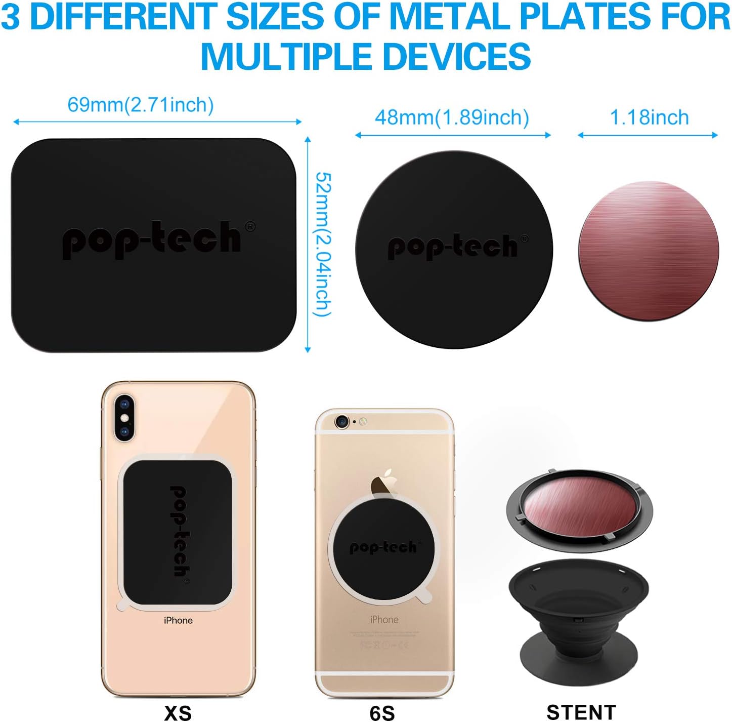 pop-tech Metal Plate for Magnet Mount, 6 Pack MagicPlate with 3M Adhesive Replacement for Magnetic Car Phone Mount Holder Cradle-Less, Rectangle and Round - Small Plates for Socket Mount