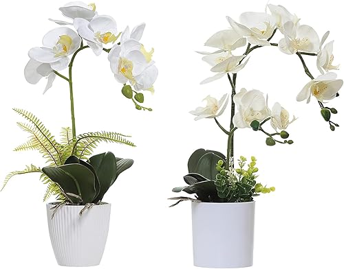 Olrla Orquídeas artificiales blancas en maceta, flores de imitación de tacto real para decoración del hogar y la oficina (Grupo 2)