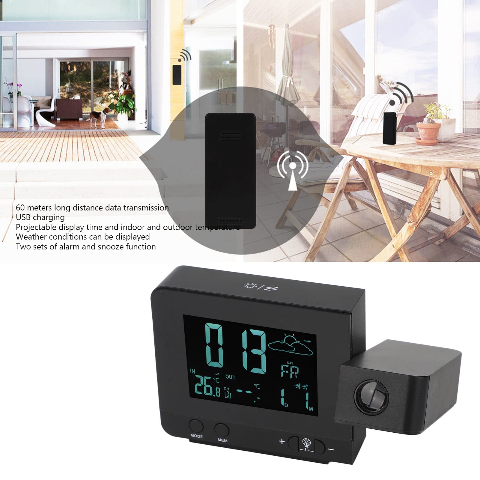 TOPINCN Projektionsuhr, Temperaturanzeige, USB-Projektionsfunktion, Projektionswecker, Schlummerfunktion für Zuhause (EU-Stecker)