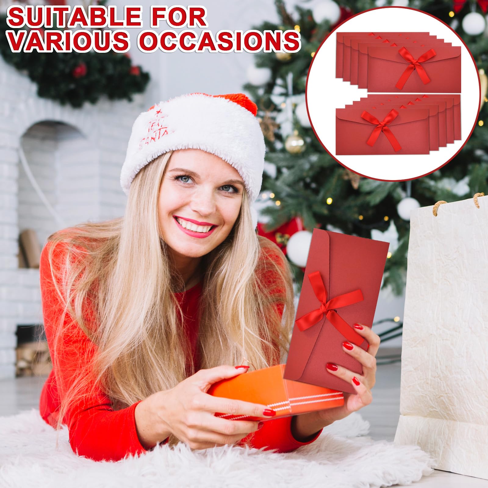 Buste Regalo in Carta Kraft Retro Rosso 22 x 11 cm con Nastro per Biglietti Auguri