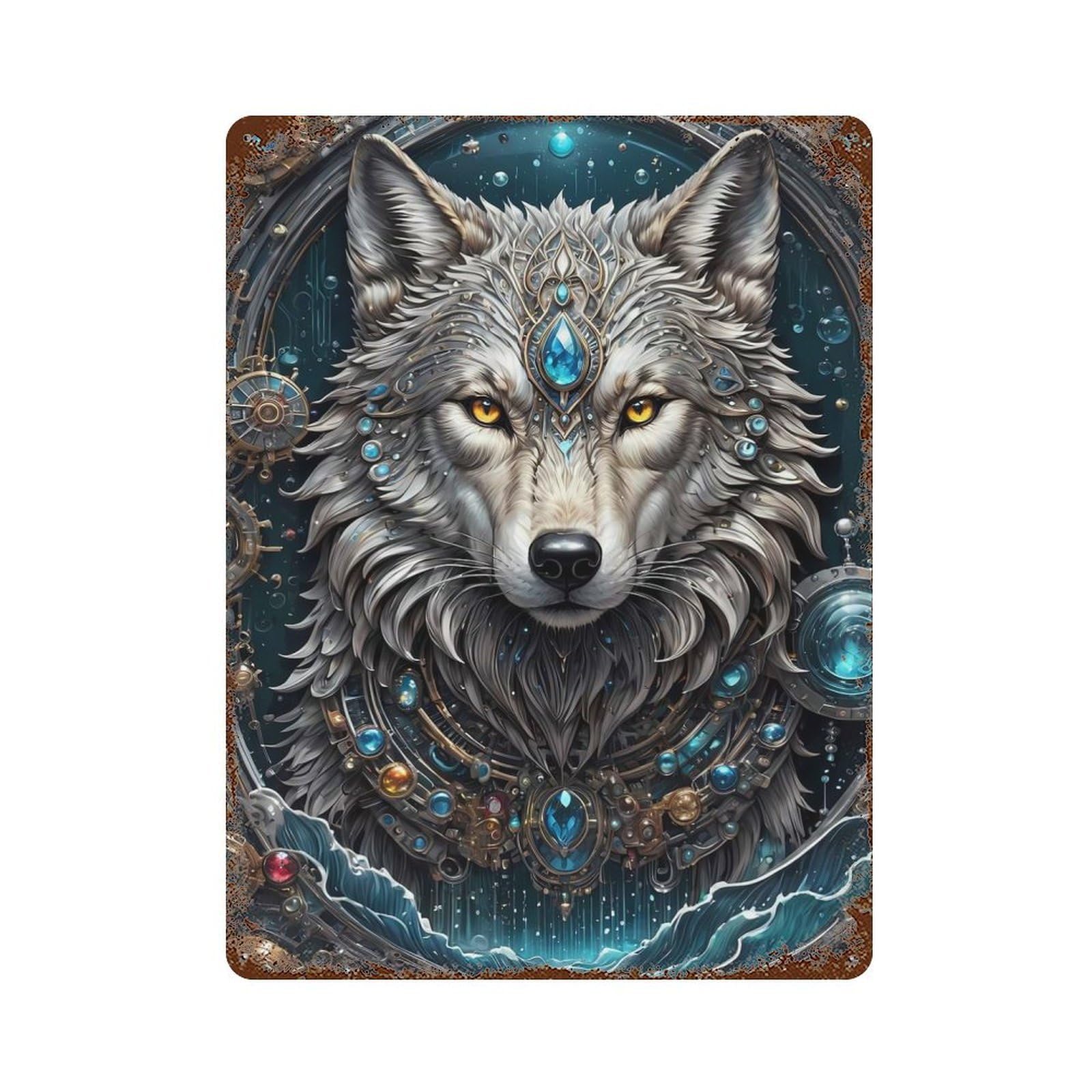 Galactic Shaman Wolf 15.7"x11.8" Vintage Rust Metal Sign, Decorative Metal Wall Art for Bistro, Counter And Cafe Decor