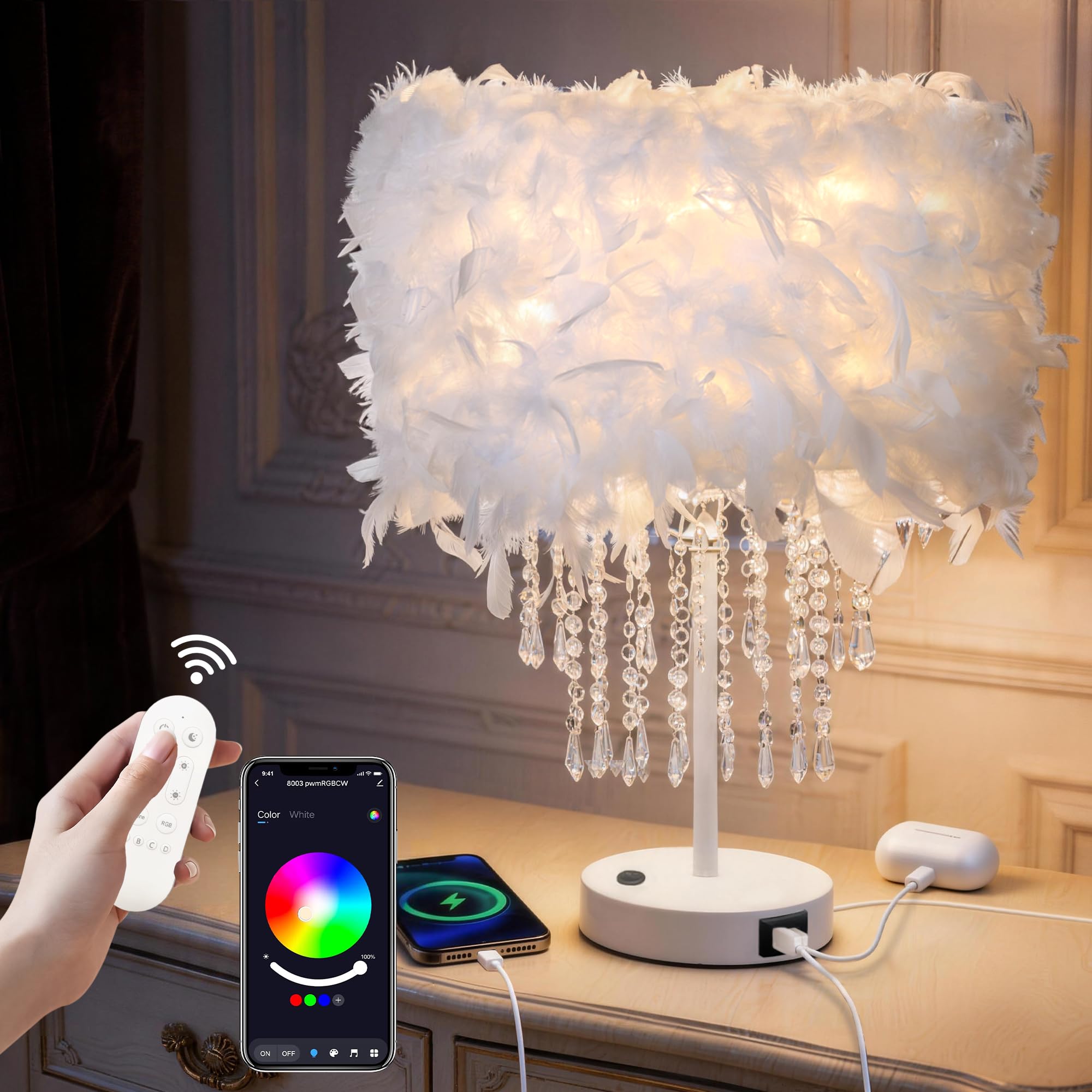 Smart Feather Table Lamp with Acrylic Droplets, Dimmable E27 LED Bulb Included, Bedside Desk Lamp with USB C & AC Outlet , App & Voice Control, Compatible with Alexa & Google Assistant, White