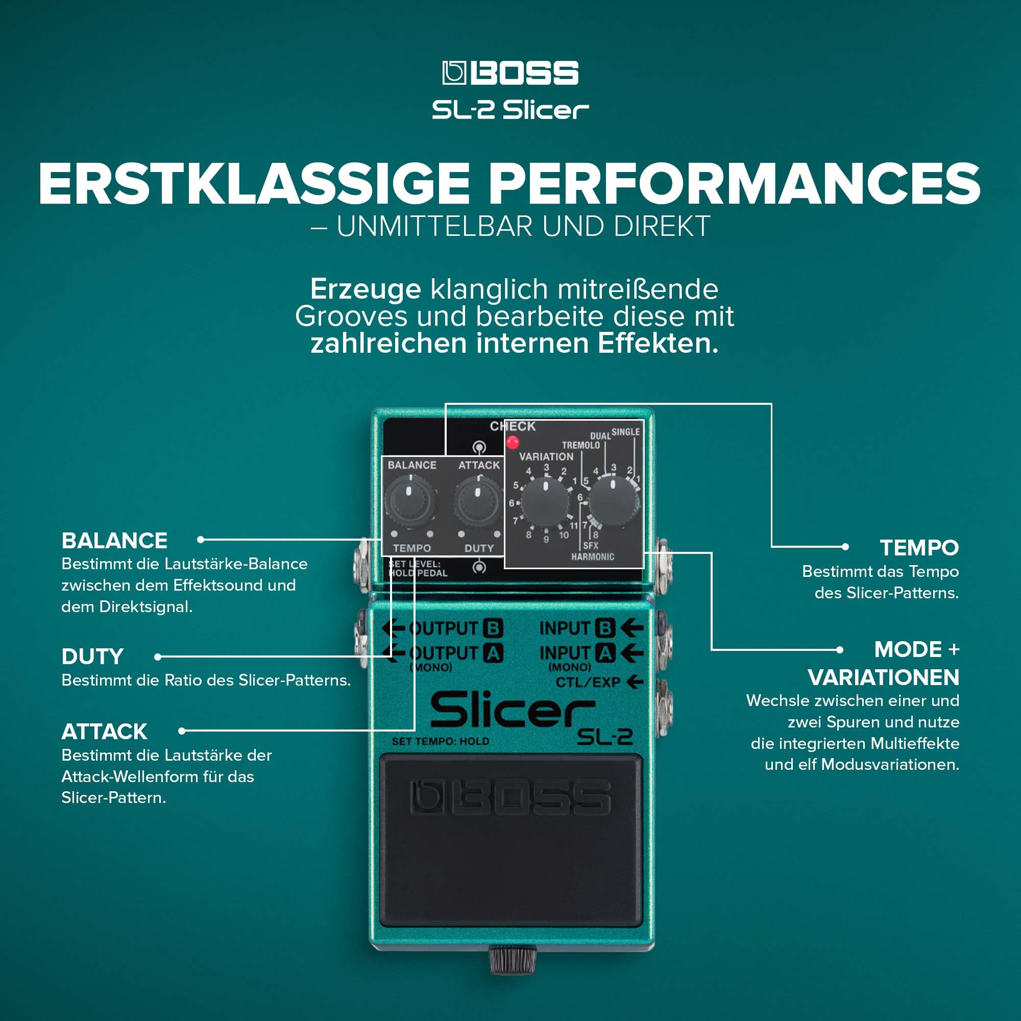 BOSS SL-2 Slicer | Kompaktpedal für Gitarre, Keyboard, DJs & mehr | Erzeuge pulsierende Grooves | Mehrere Slicer-Spuren | 88 integrierte Patterns | Stereo-Ausgangsmodi | Steuerung über MIDI-Eingang