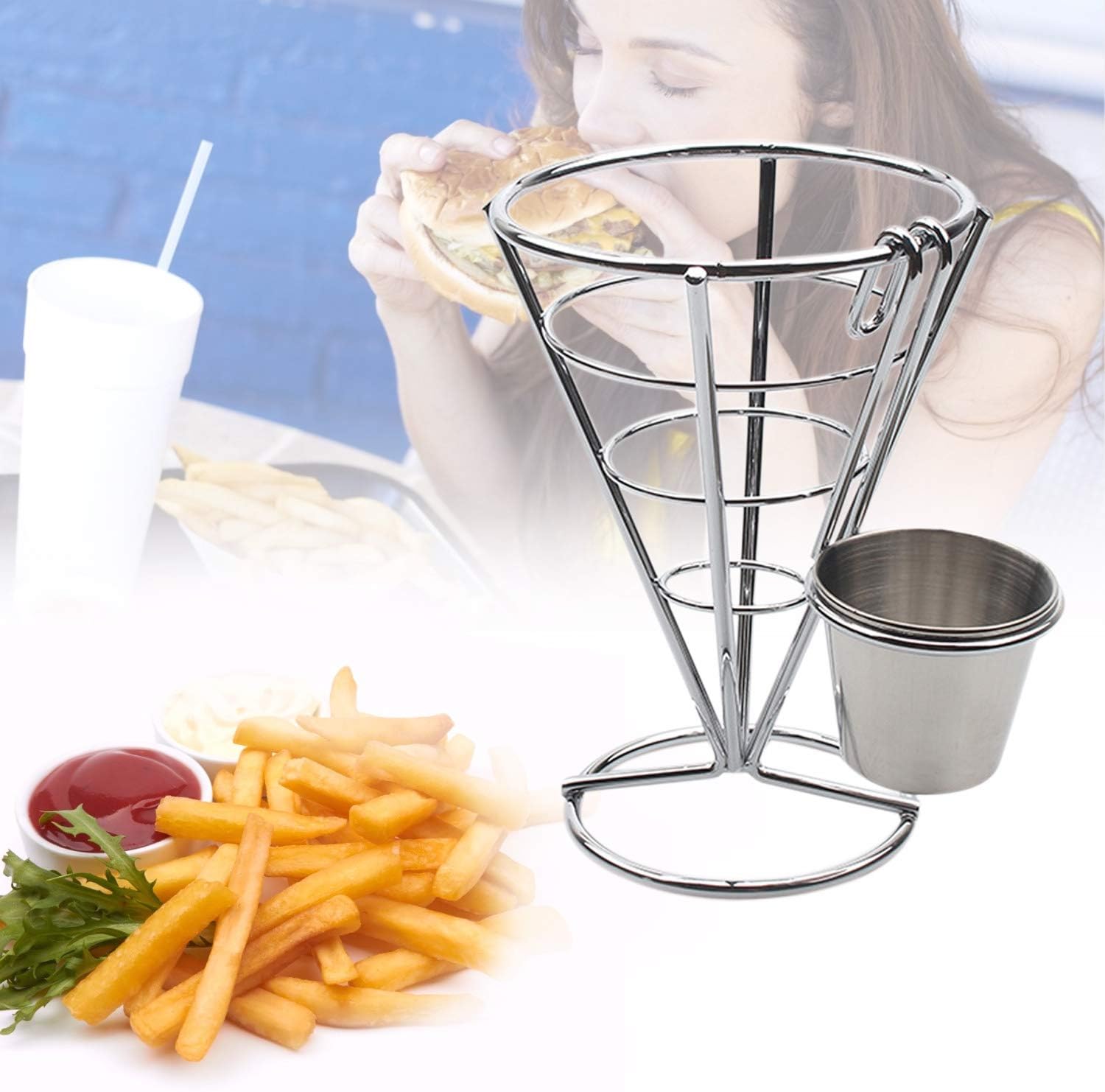 Rеvіеw Prоduсt French Fries Stand Cone Basket Fry Holder with 1 Dip Dishes Cone Snack Fried Chicken Display Rack Food Shelves Bowl Halloween Party Supplies Kitchen Potato Fry Chips(1 Sauce Cup)