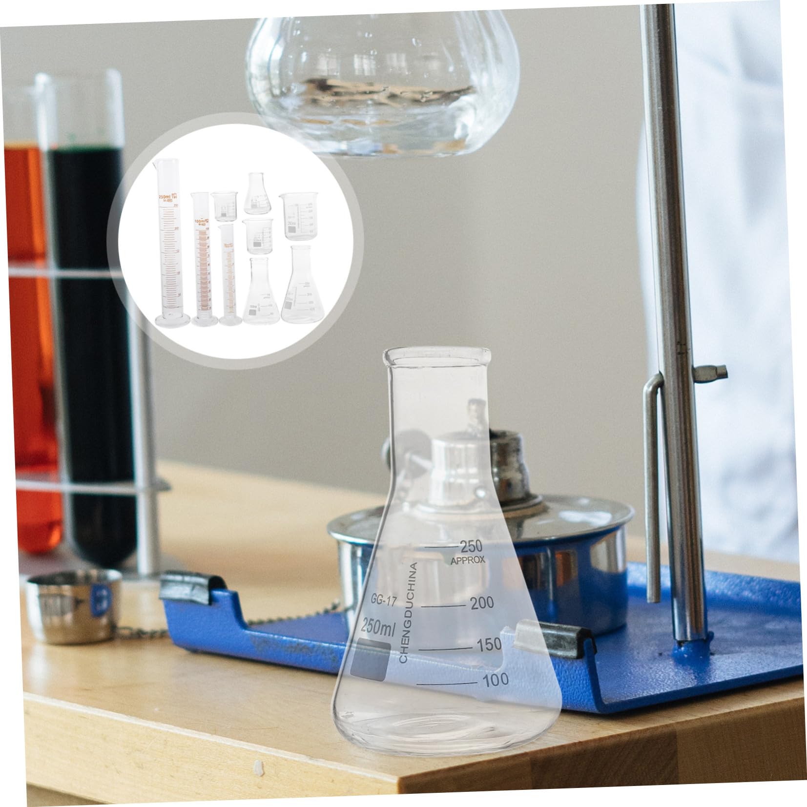 POPETPOP Kit di Vetreria da Laboratorio 9 Pezzi in Vetro Misurini Graduati, Bottiglie Coniche da 50ml a 250ml, senza Perdite Laterali, per Chimica e Progetti Sperimentali