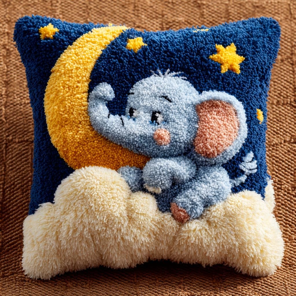 Taxpy Latch Hook Cushion Kits, Elephant and Moon Pillow Case Rug Cover Beginner DIY Needlework Embroidery Kits Handmade Set 43 * 43cm