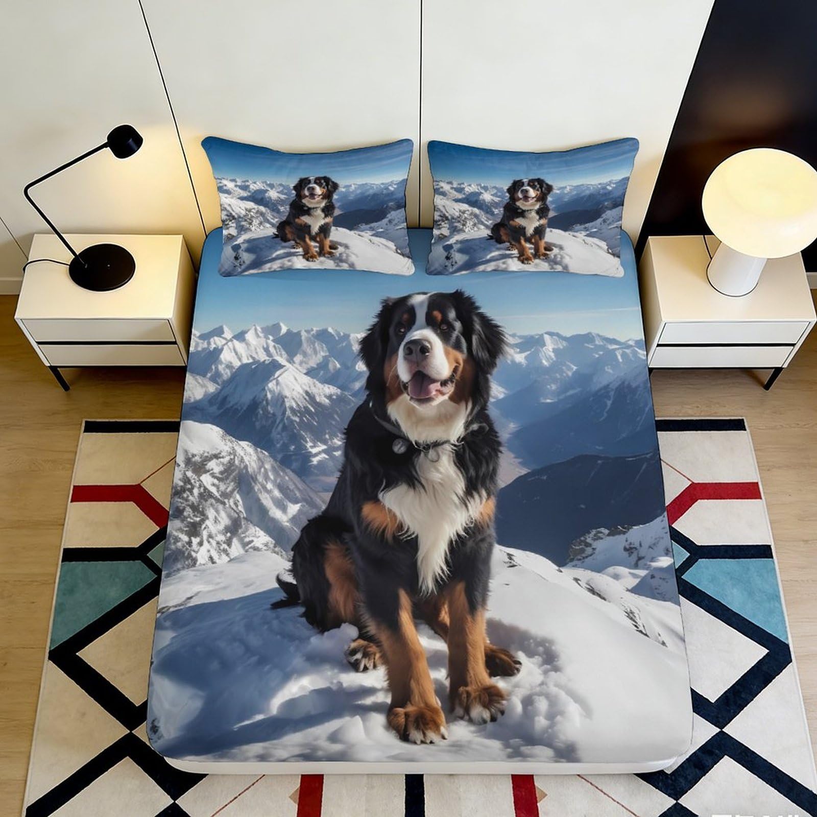 3D Printed Mountain Dog Fitted Sheet Microfiber Deep Pocket, Snow Animal Mattress Fitted Cover Elastic Hem, Washable for Bedroom Adults 160x200x25cm