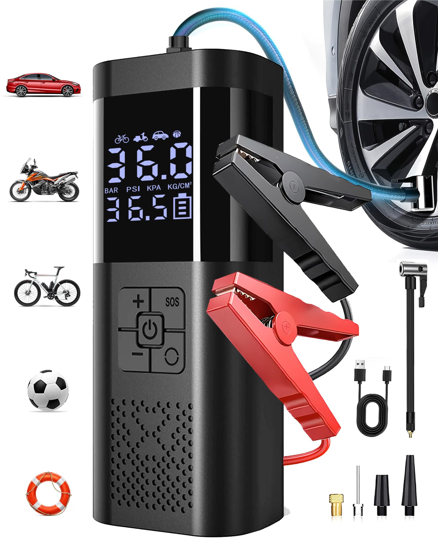 Jump Starter with Air Compressor 150PSI Auto-Shutoff Tire Inflator Car Battery Booster Current reaches 400A at Startup with