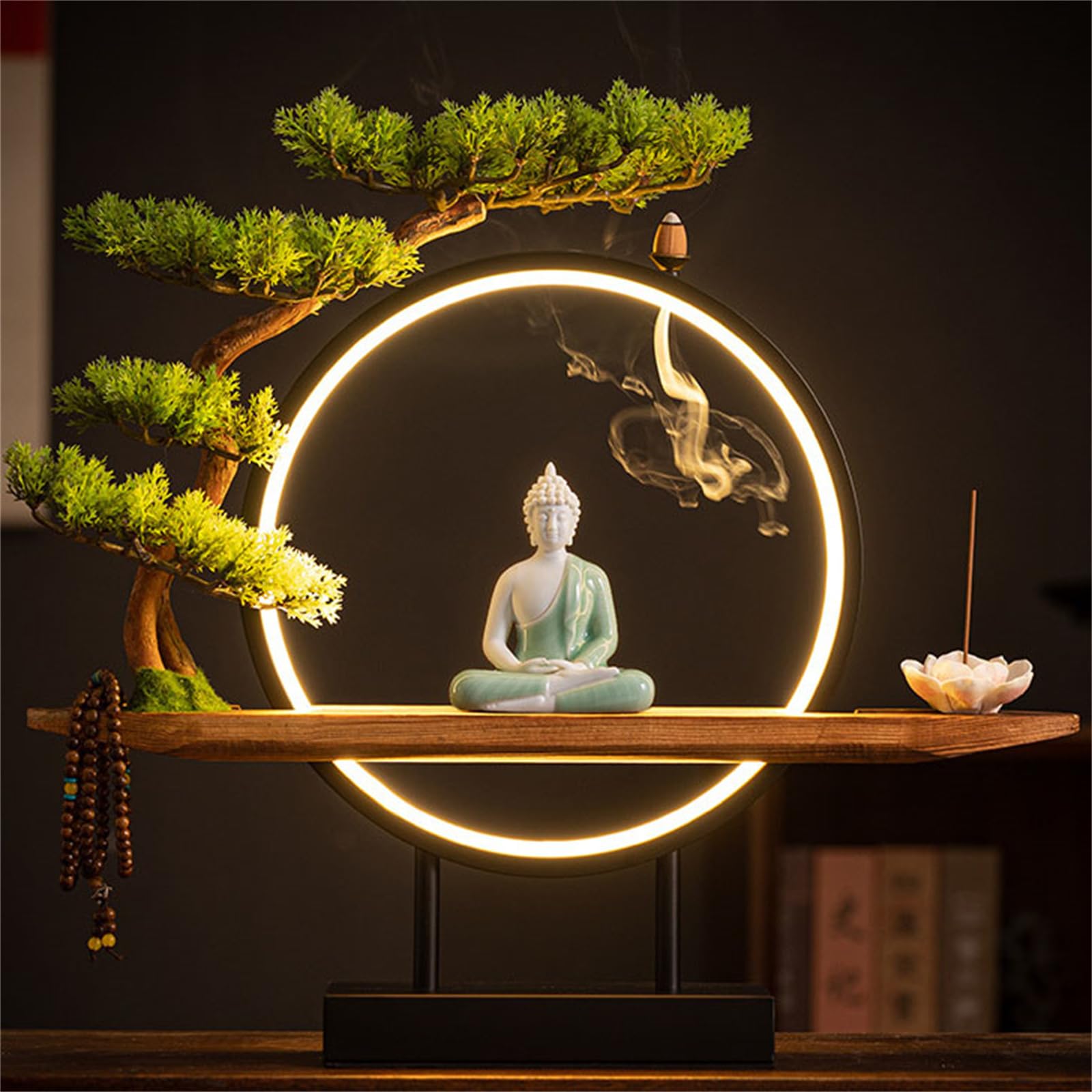 Large Buddhist Statue with Artificial Tree and LED Circle Table, Buddha Figure Lamp Wall Light 3D Mural Sconce Lamp Zen Light Wall Decor Hanging Artwork Wall Art for Living Room Incense Porch,04