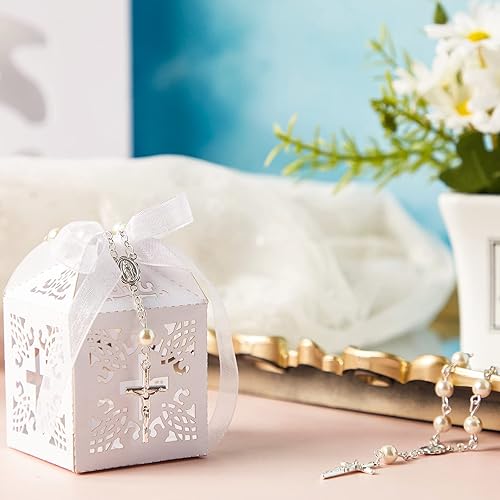 Miniatura 4 de Taiyin Juego de 300 piezas de rosarios para bautizo a granel, pulsera de rosario acrílico, cuentas de perlas sintéticas con bolsa de organza y cajas