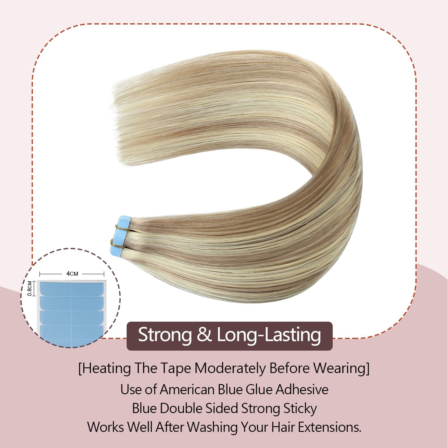 Sunya Tape in Human Hair Extensions 12 inch Ash Blonde Highlighted Bleach Natural Seamless Straight Tapes Extension 40g 20pcs/Pack - Image 3