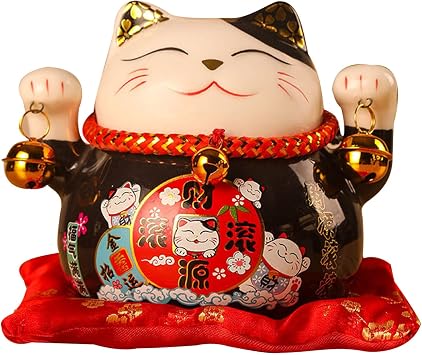 Jenngaoo Ceramic Waving Lucky Cat Figurine, 4.5 Inch Japanese Beckoning Maneki Neko Statue for Home Office Decor, Wealth & Good Luck Attraction, Black