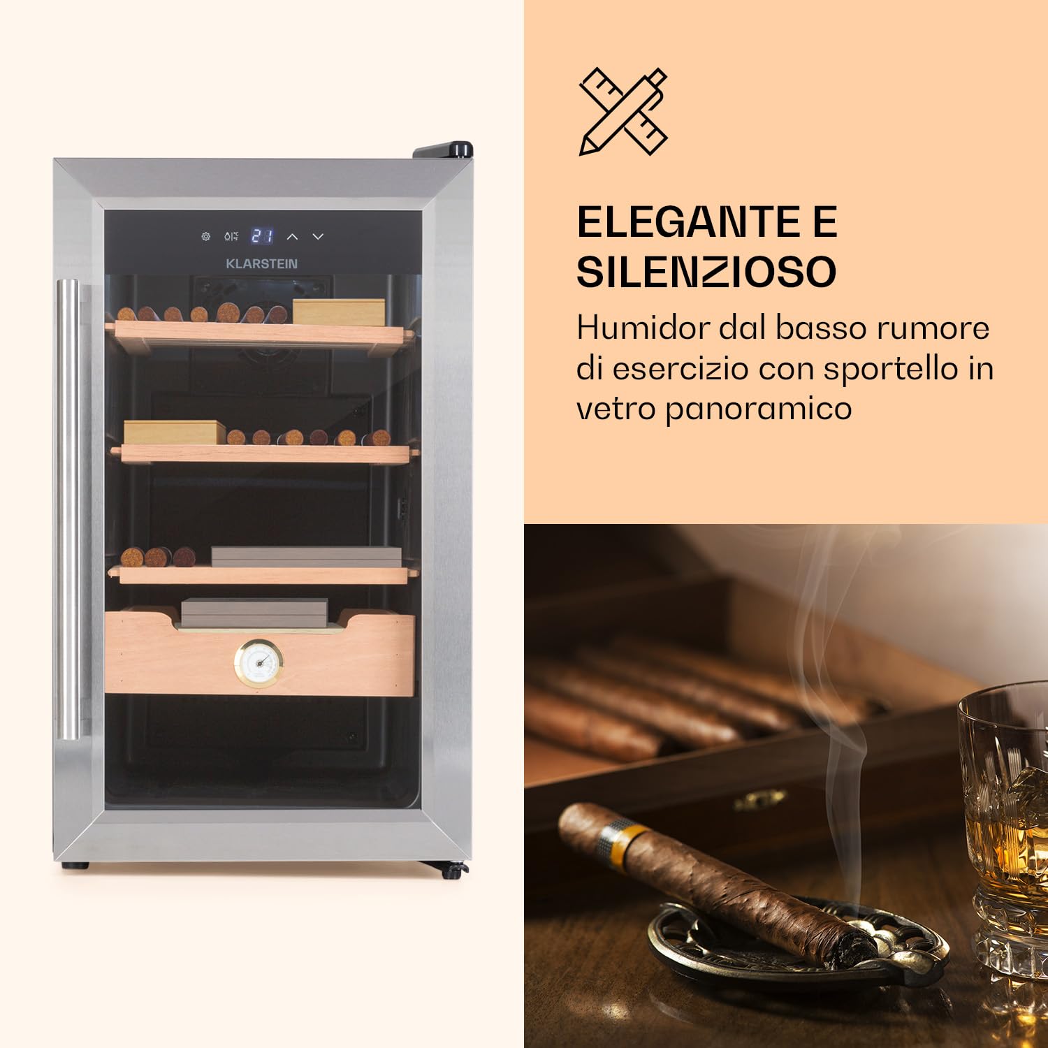 Klarstein El Presidente Umidificatore per Sigari - Armadio Humidor Termoelettrico con Porta in Vetro, Ripiani in Legno di Cedro, Igrometro, Luce LED Interna, 48 Litri, Argento
