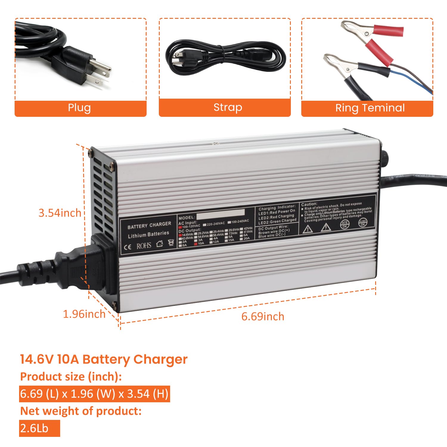 CHINS 12V 10A Lithium Battery Charger, Including 0V Charging Function, 14.6V 10A LiFePO4 Battery Charger, Special for 12V LiFePO4 Battery