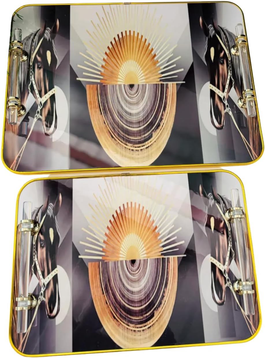 16" x 12" -13''x9'' Double Decorative Tray Gold Polished Metal Handle Acrylic Serving Tray, Home Decor Elegant Ginkgo Leaf Design Serving Tray Set (Gold Blue Gray)