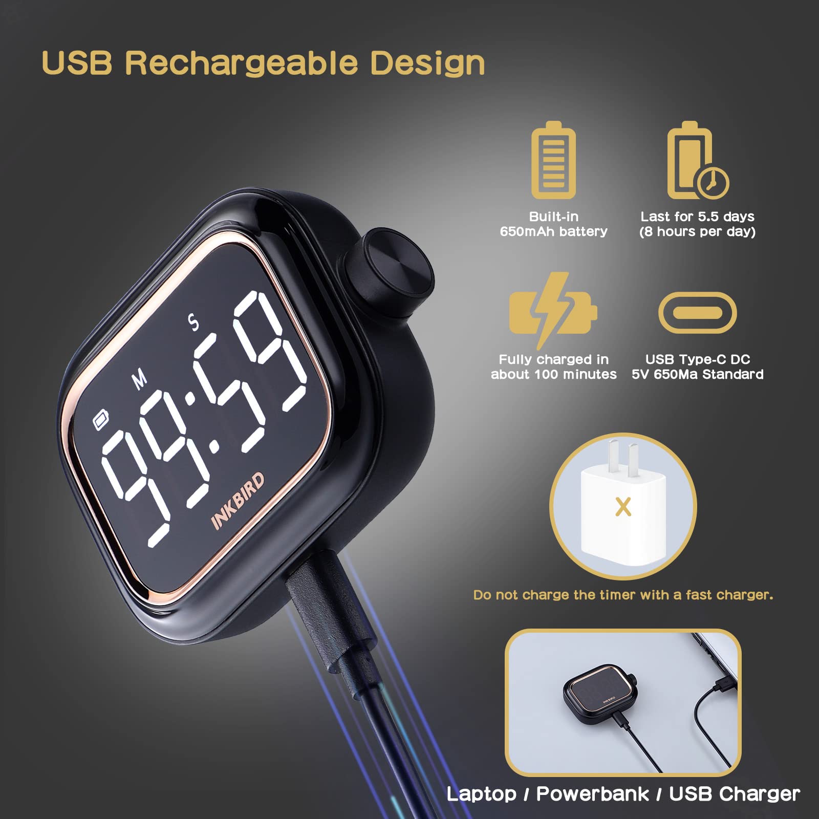 INKBIRD Keukentimers, Magnetische Kookwekker met Ultra Helder LED-Scherm, Eierwekker USB Oplaadbare Digitale Kookwekker, Afteltimer voor Koken, Gamen, Studeren