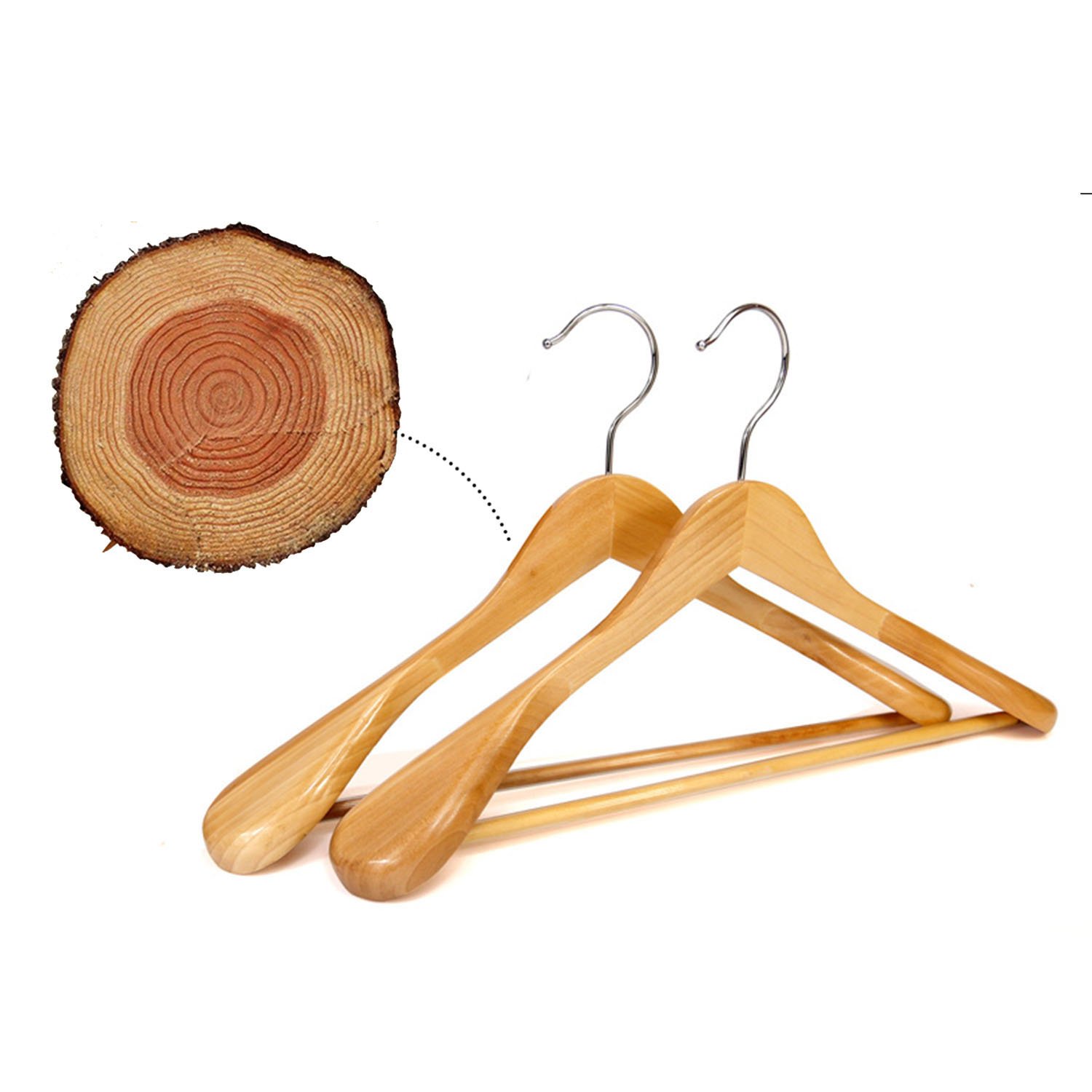 6 Perchas de Madera Con Barra de Pantalones Antideslizante - Naturaleza Perchas Para Abrigos, Trajes (Hombros Extra Anchos)