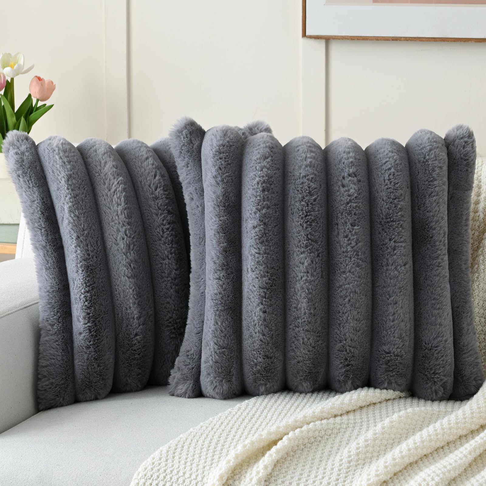 FUTEI Set of 2 Fluffy Faux Rabbit Fur Cushion Covers 65 x 65 cm,Dark Grey