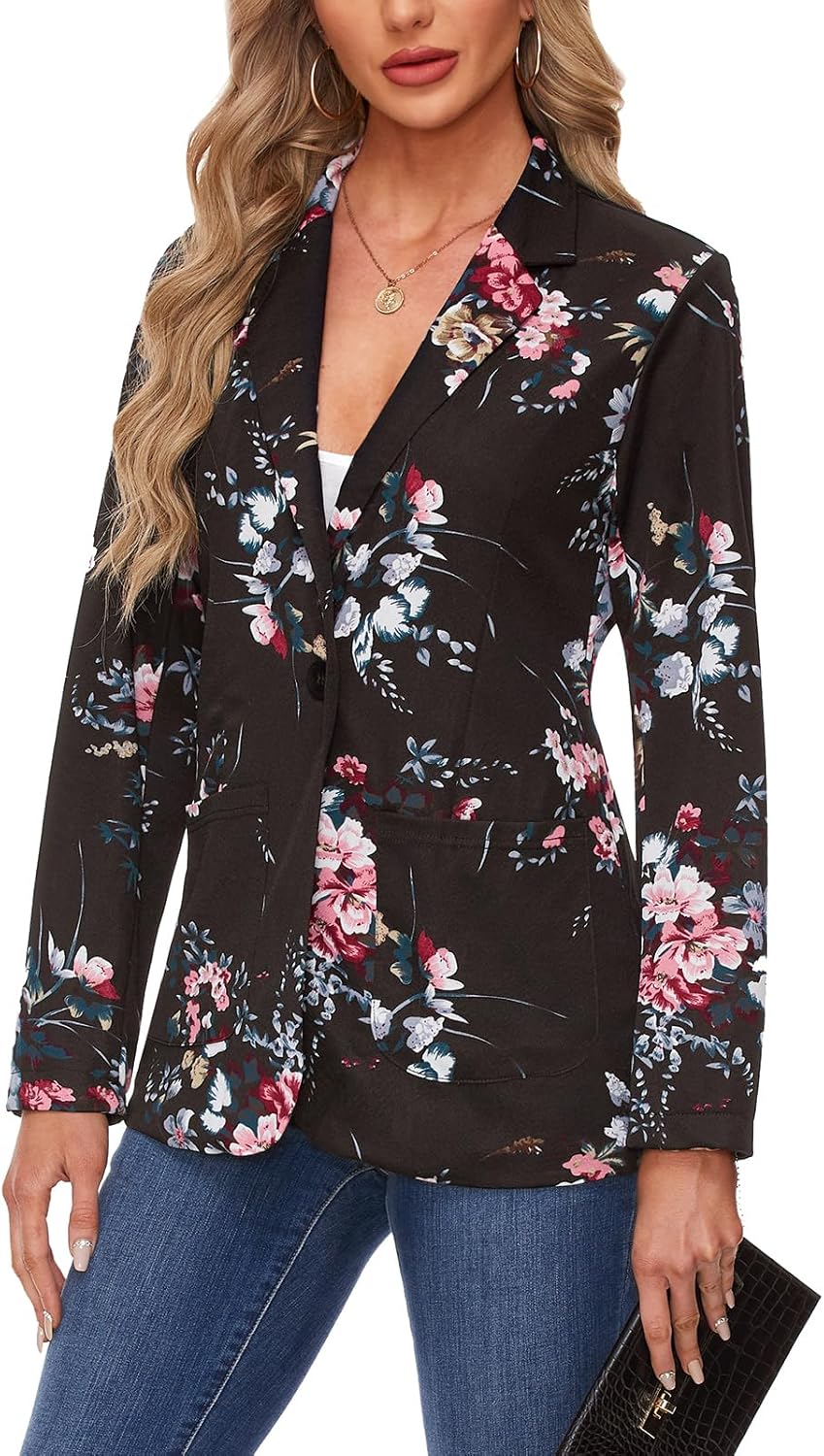 MINTLIMIT Women Jacket Blazers Casual Button Front Lapel Collar Stretchy Long Sleeve Blazer Suit Jacket Formal Work Office,M,Floral Black - Image 6