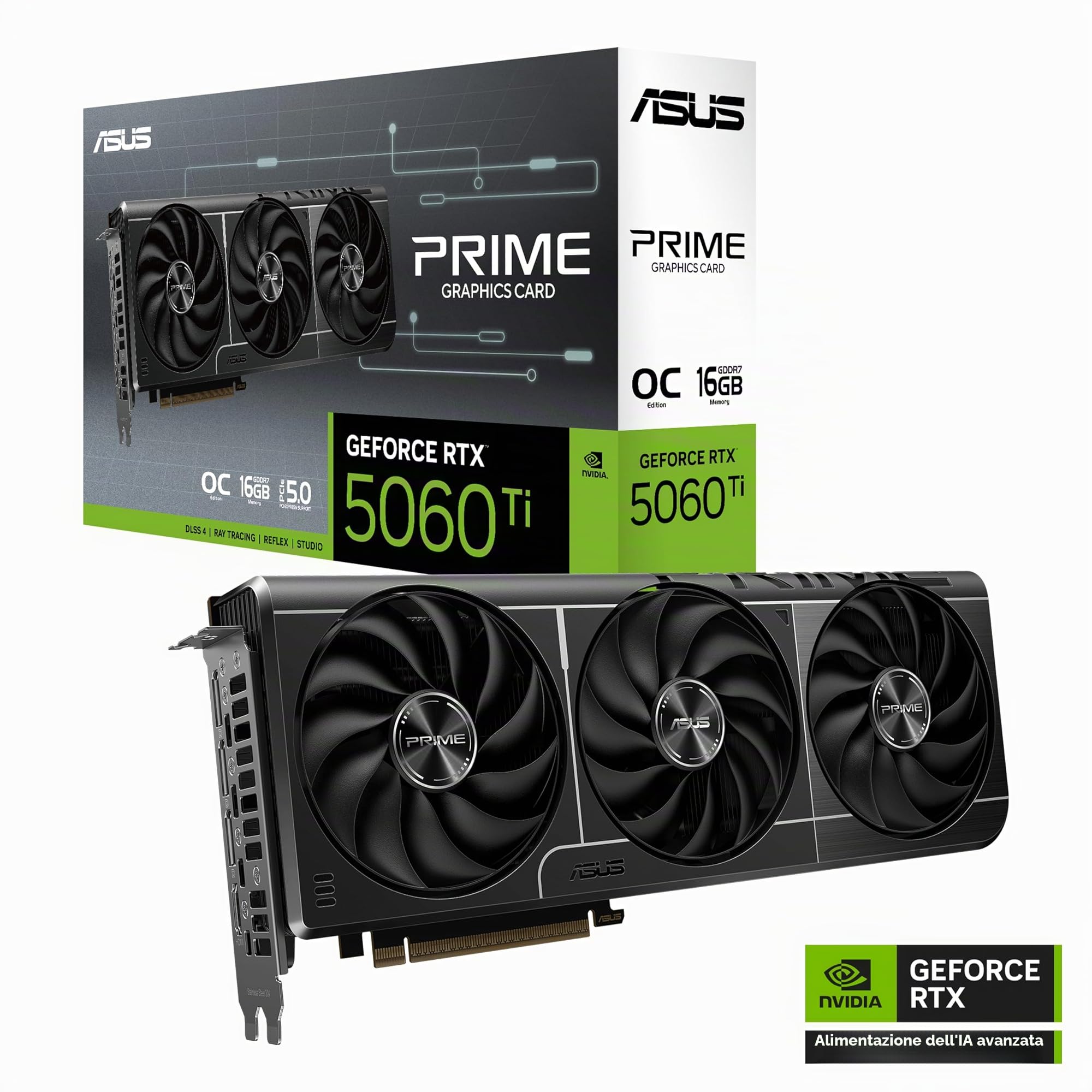 ASUS Prime NVIDIA GeForce RTX 5060 Ti OC Edition, Scheda Grafica 16 GB GDDR7, 128 Bit, PCIe 5.0, 3 Ventole Axial-Tech, 1 HDMI 2.1, 3 DisplayPort 2.1, GPU Tweak III, Nera, PRIME-RTX5060TI-O16G
