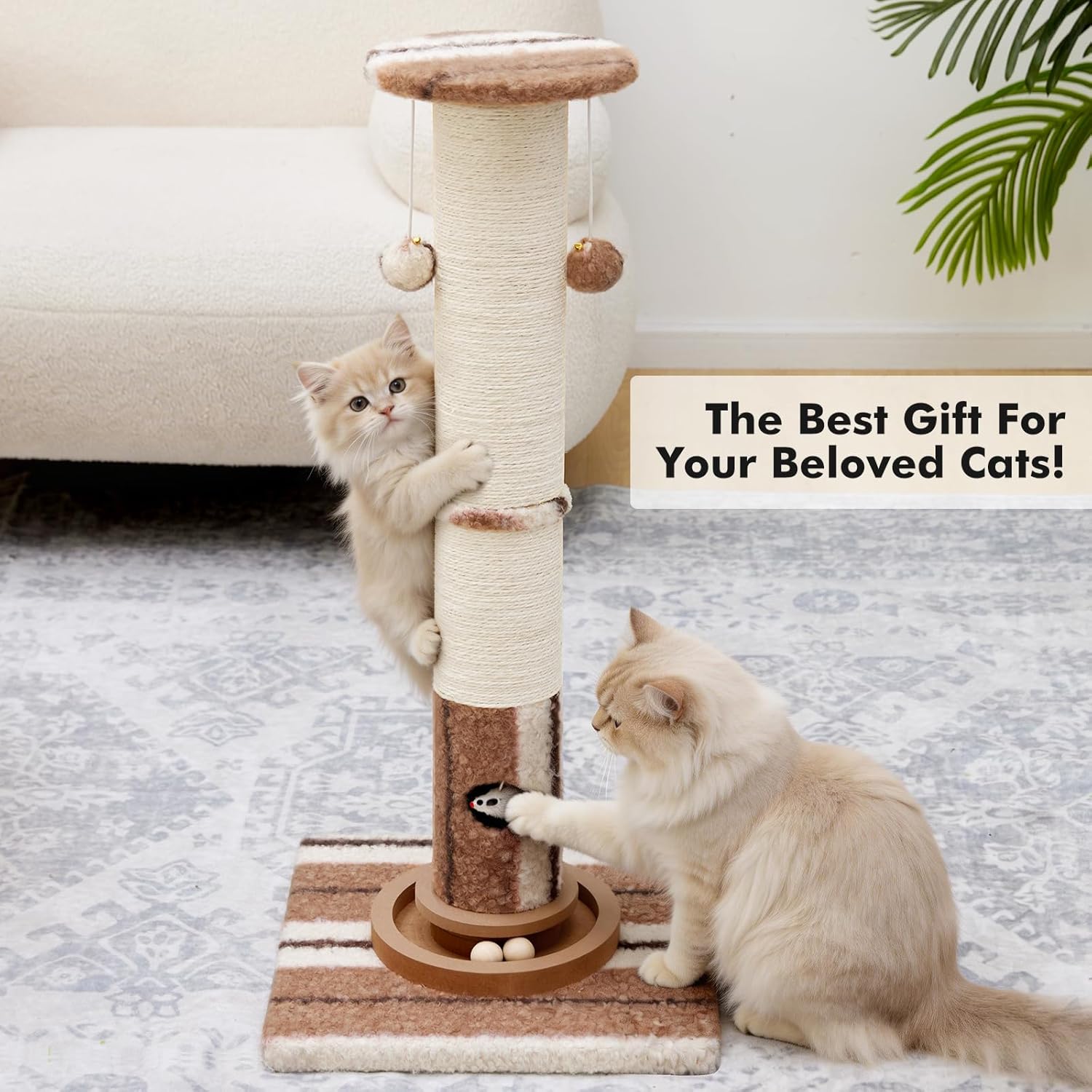 Woochpet 34inches Tall Cat Scratching Post with Cat Ball Track Toy Heavy Duty and Thicker Large Diameter Natural Sisal Cat Scratcher Post for Large Cats and Small Cats Protect Your Furniture